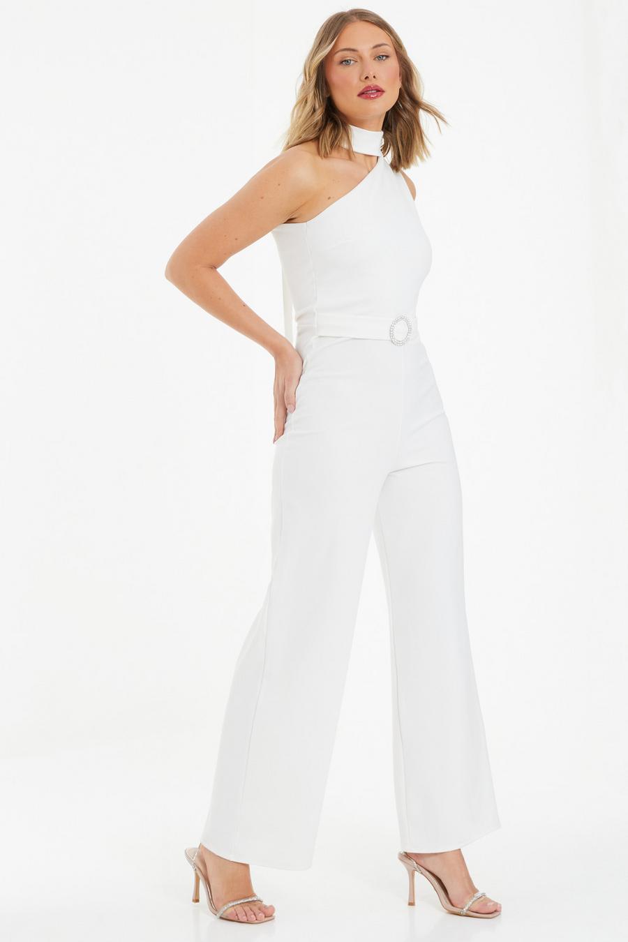 Quiz Women's Chiffon Buckle Palzzo Jumpsuit, White, 4