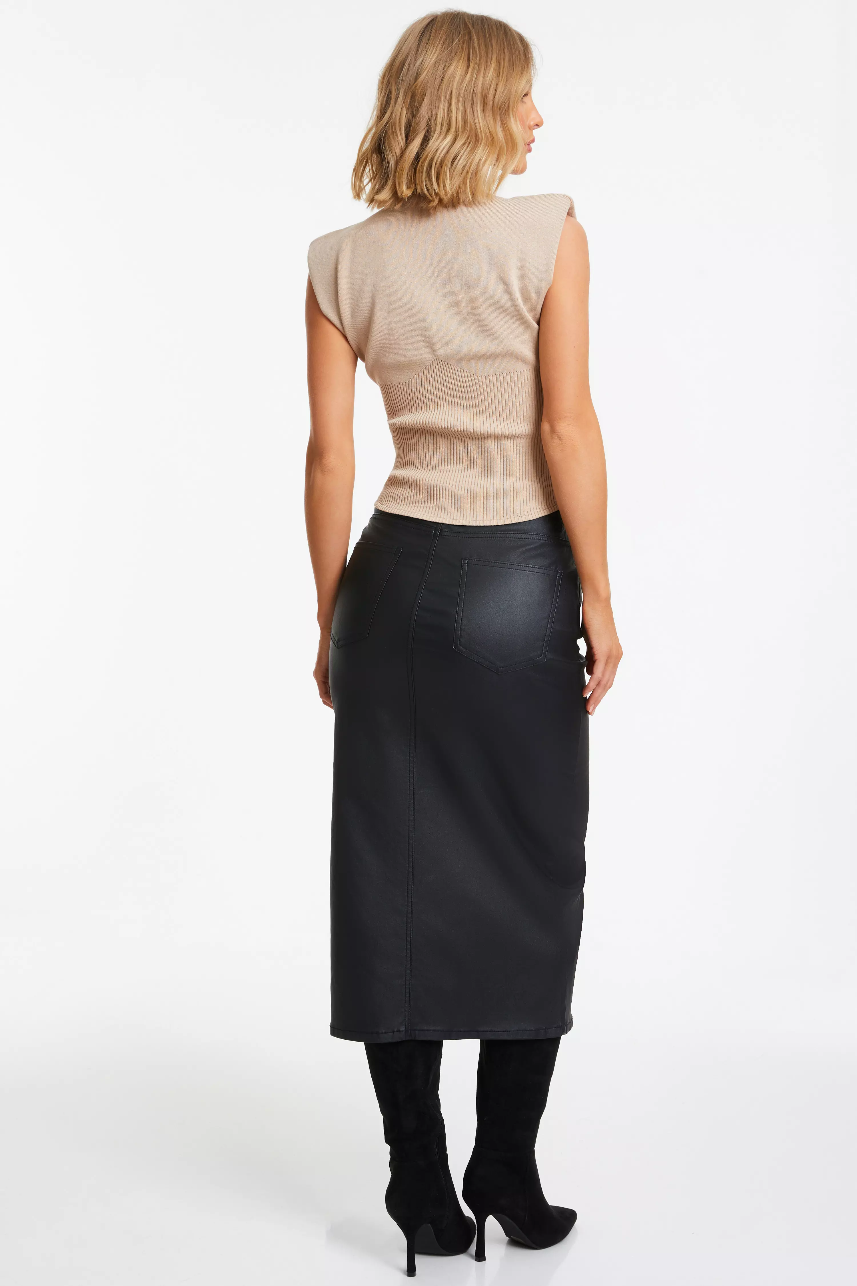 Black Faux Leather Midi Skirt - QUIZ Clothing
