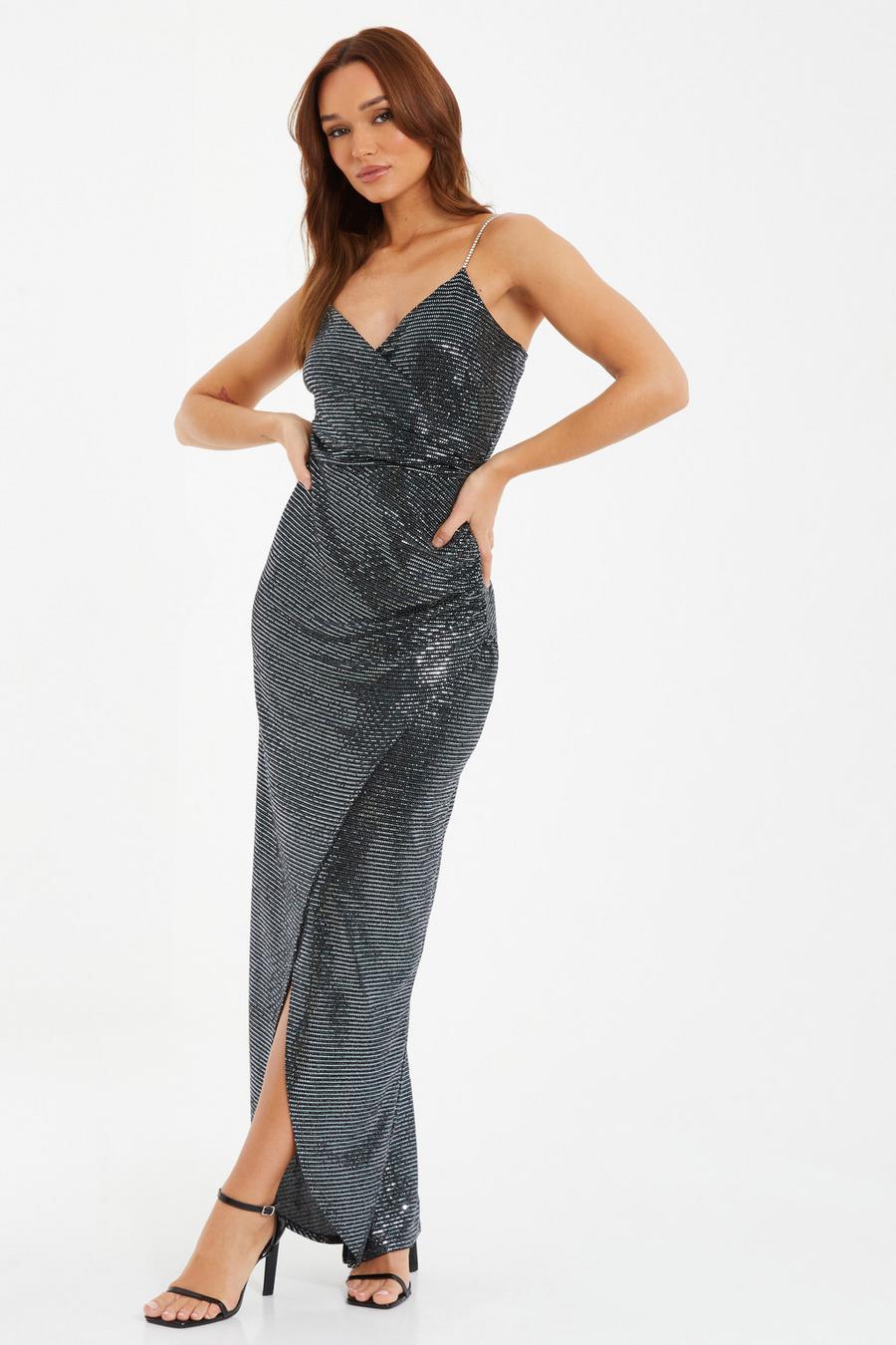 Quiz grey chiffon embellished maxi clearance dress