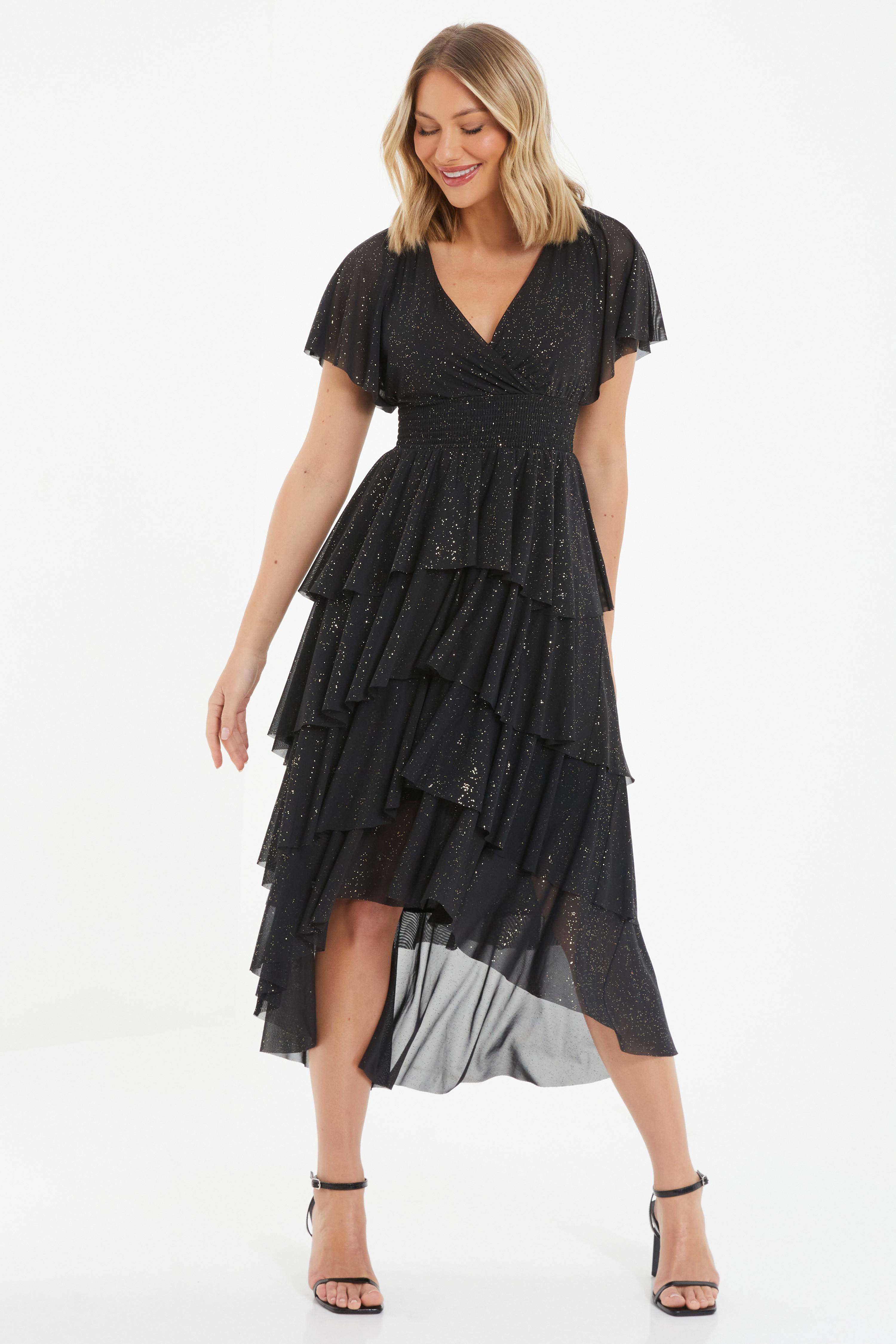 Black Glitter Tiered Midi Dress