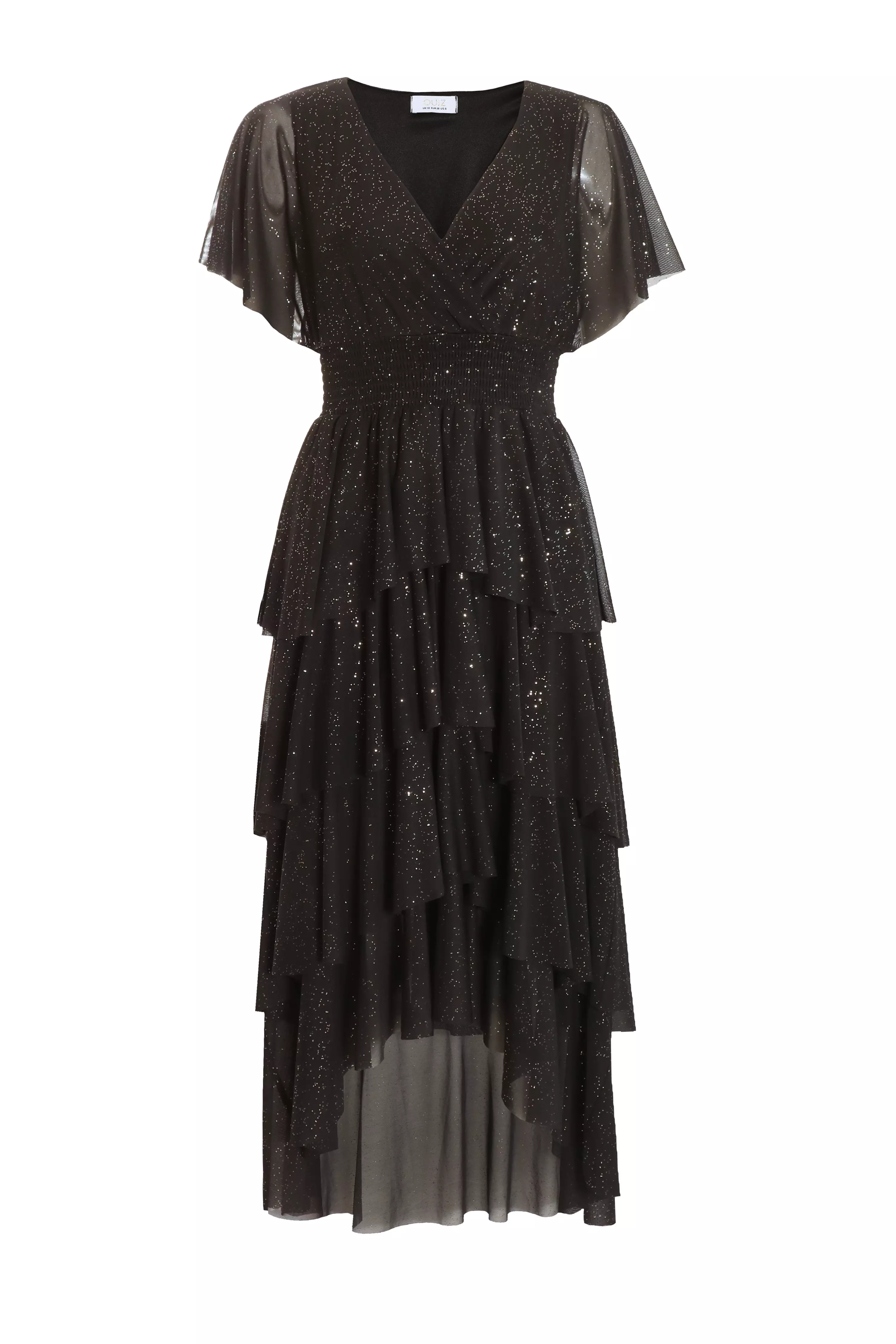 Black Glitter Tiered Midi Dress - QUIZ Clothing