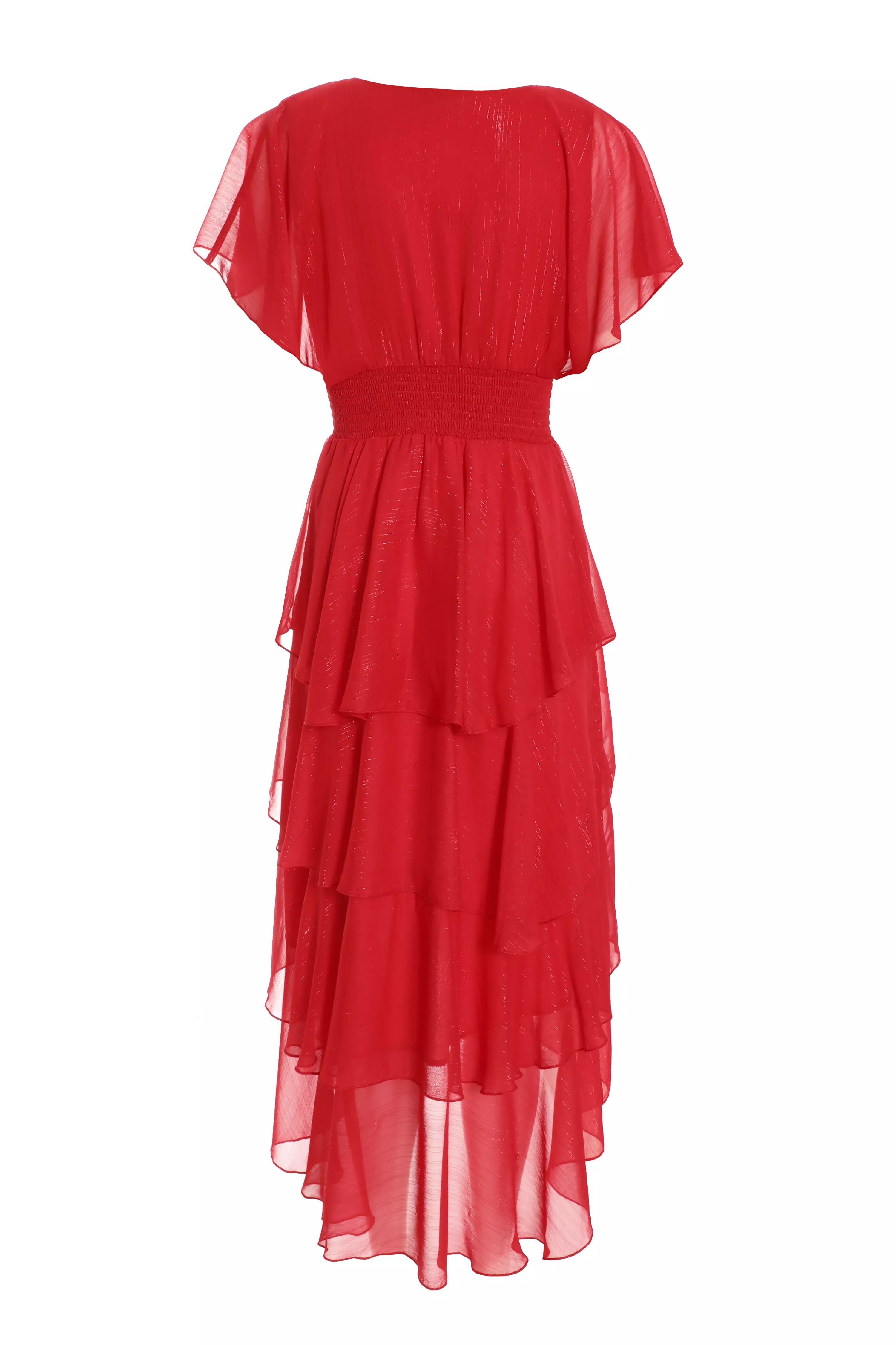 Red Glitter Tiered Midi Dress - QUIZ Clothing