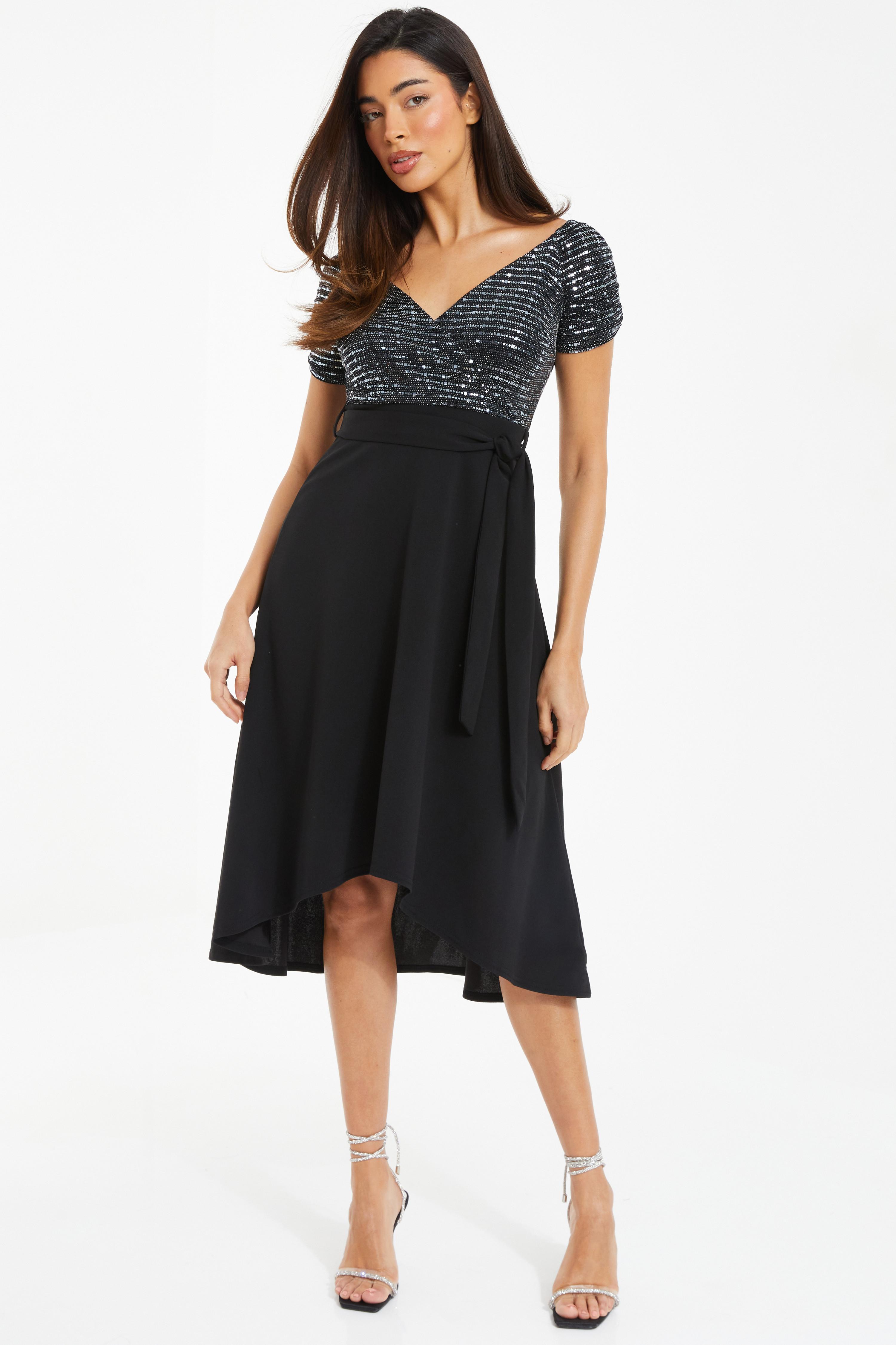 Black Shimmer Bardot Dip Hem Midi Dress