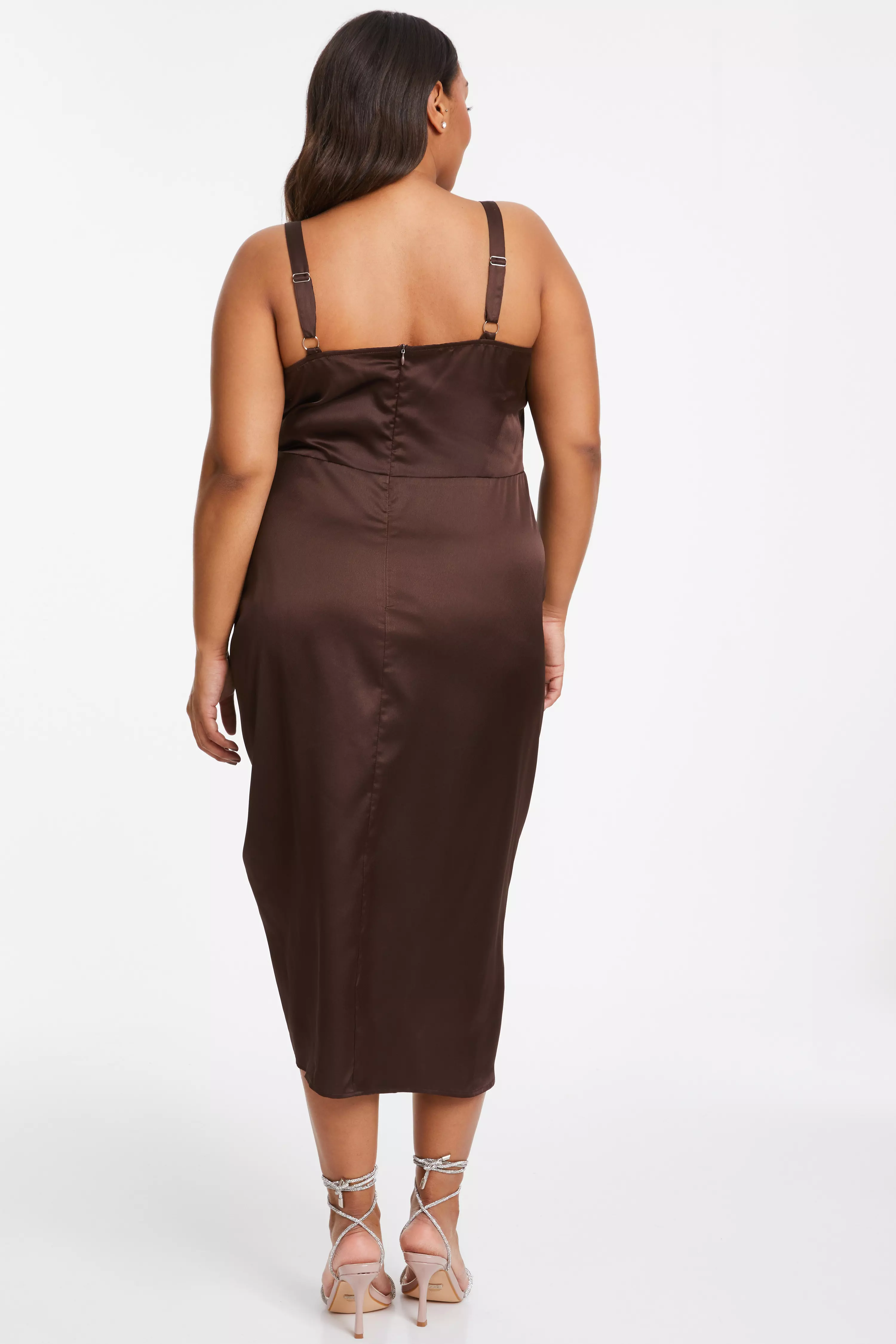 Curve Brown Satin Ruched Midi Dress QUIZ Clothing
