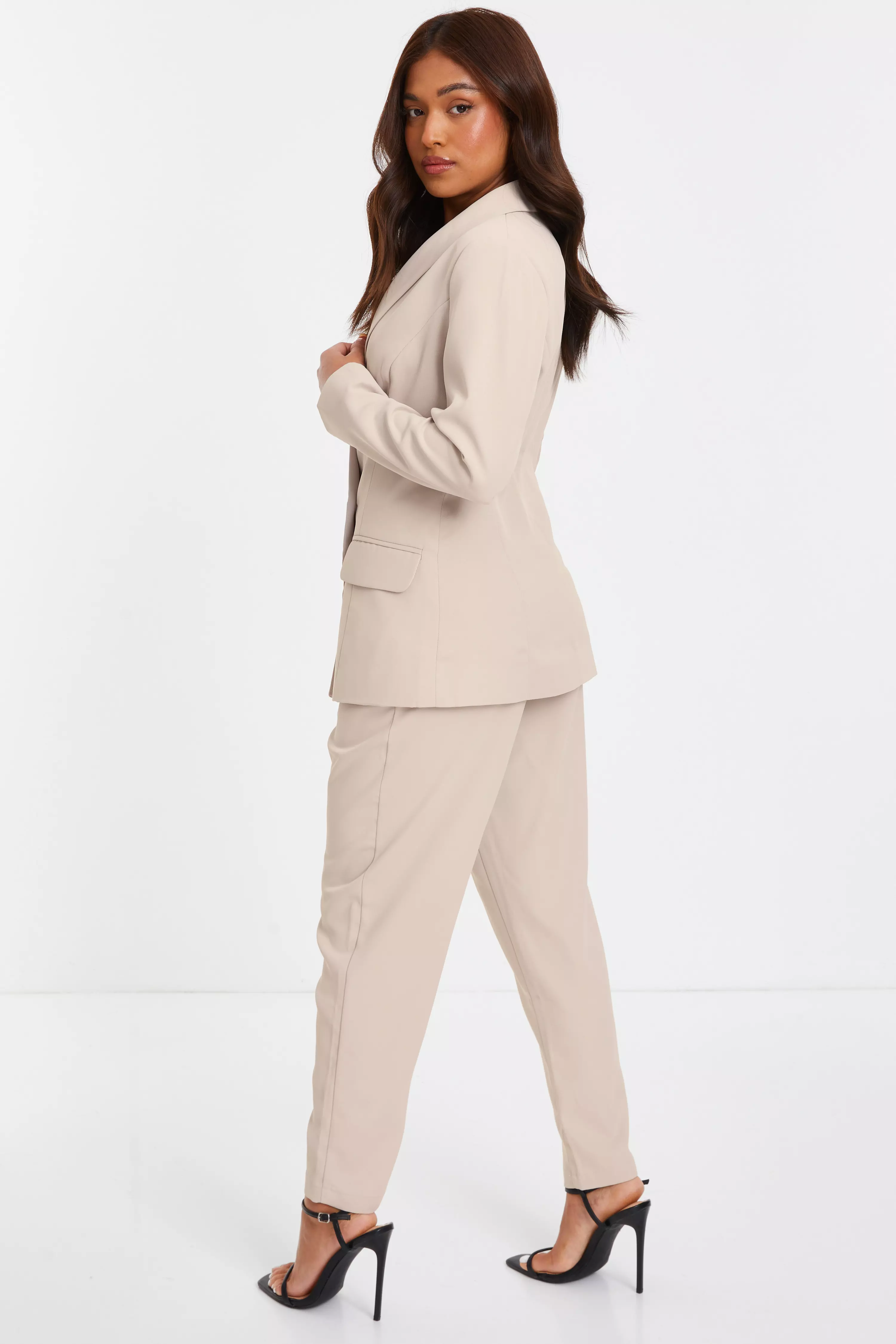 Petite Stone High Waisted Tapered Trousers - QUIZ Clothing