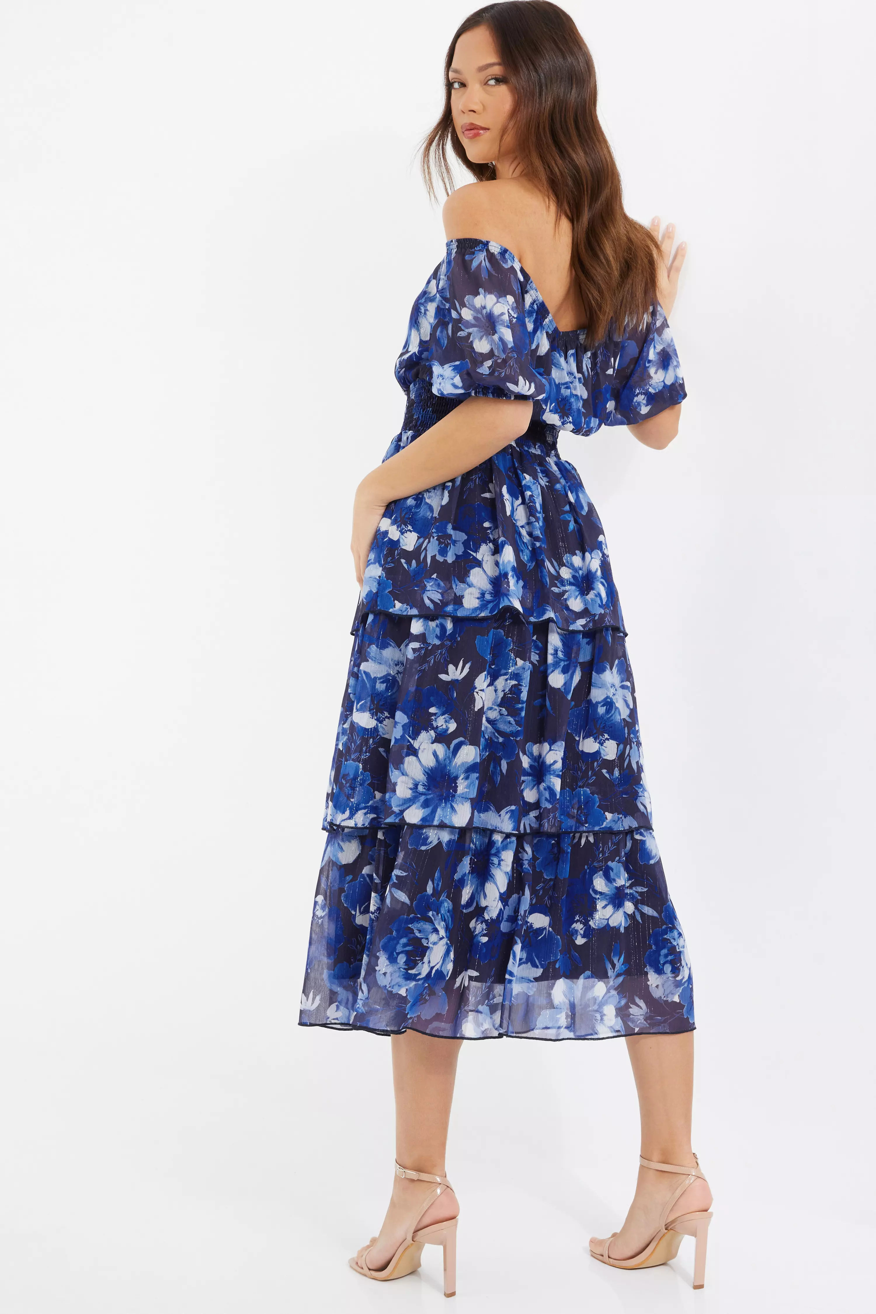 Navy Chiffon Floral Bardot Midi Dress QUIZ Clothing