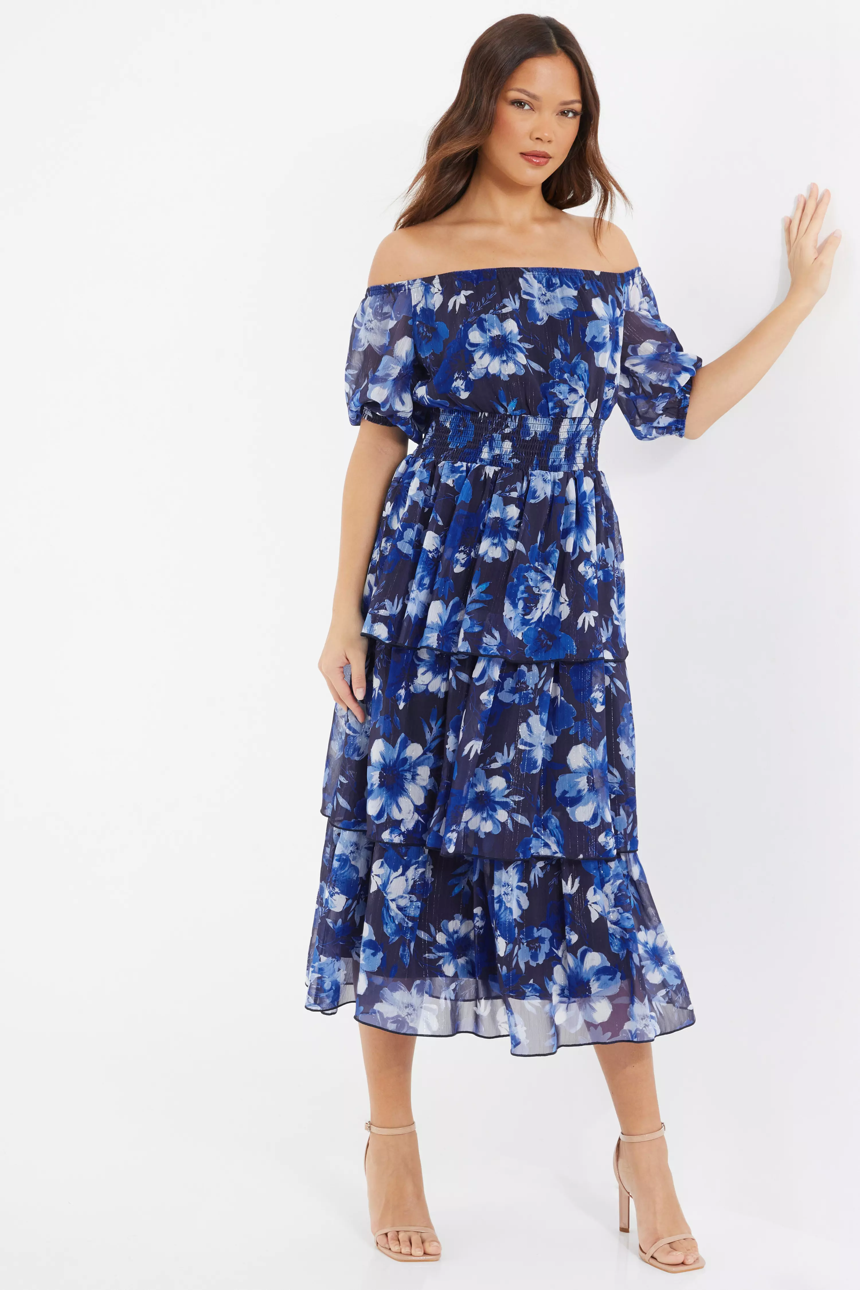 Navy Chiffon Floral Bardot Midi Dress QUIZ Clothing