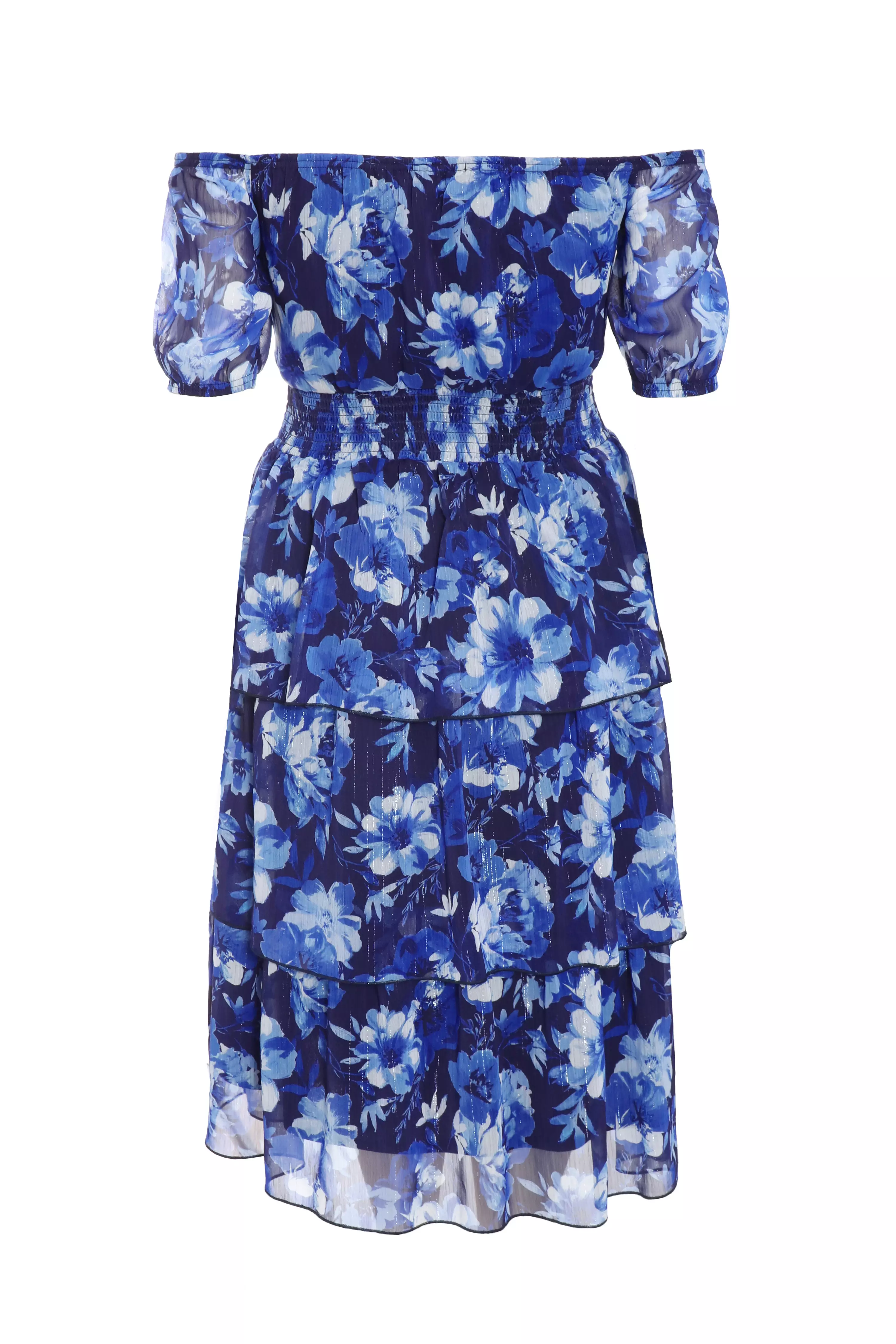 Curve Navy Chiffon Floral Bardot Midi Dress QUIZ Clothing
