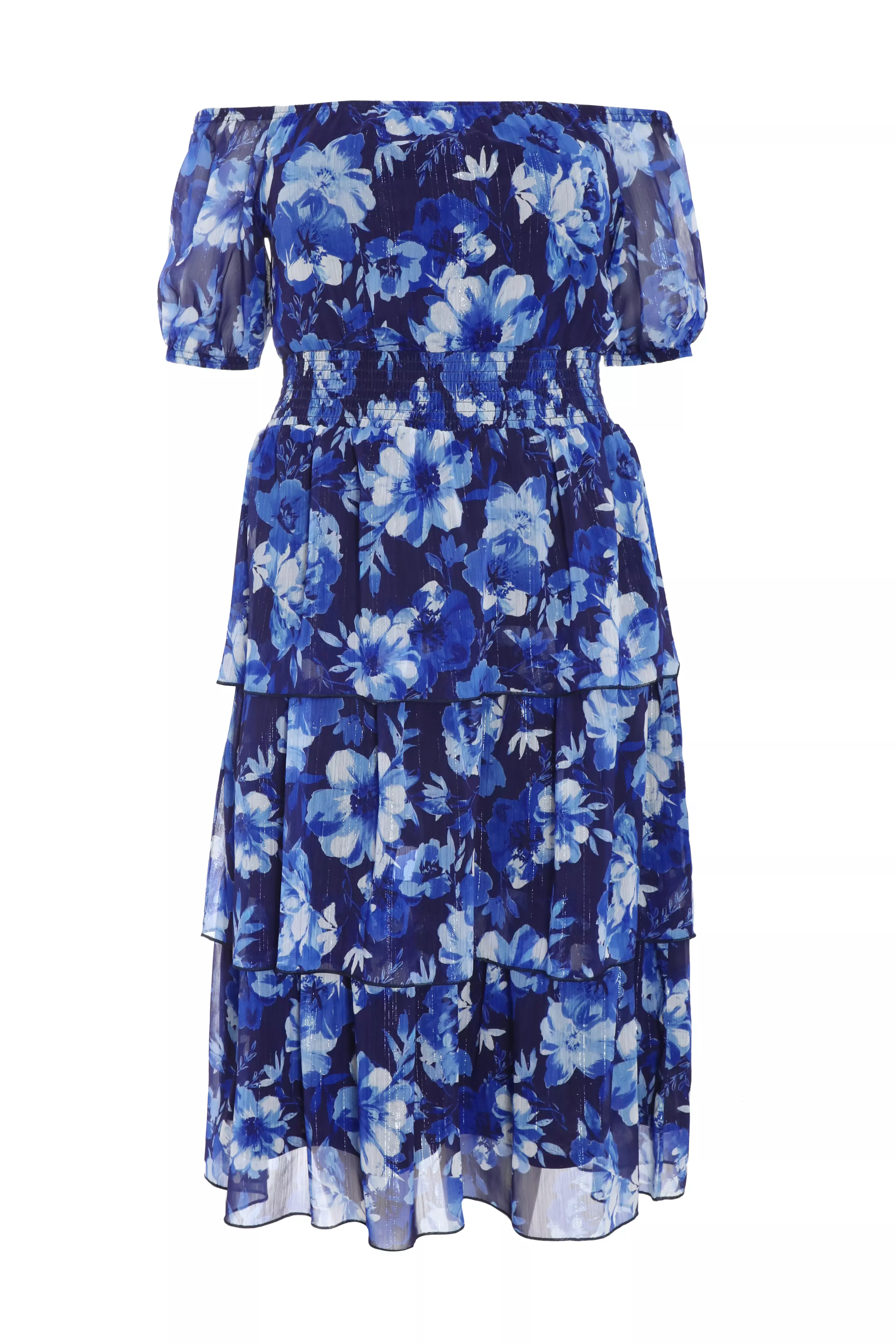 Curve Navy Chiffon Floral Bardot Midi Dress QUIZ Clothing