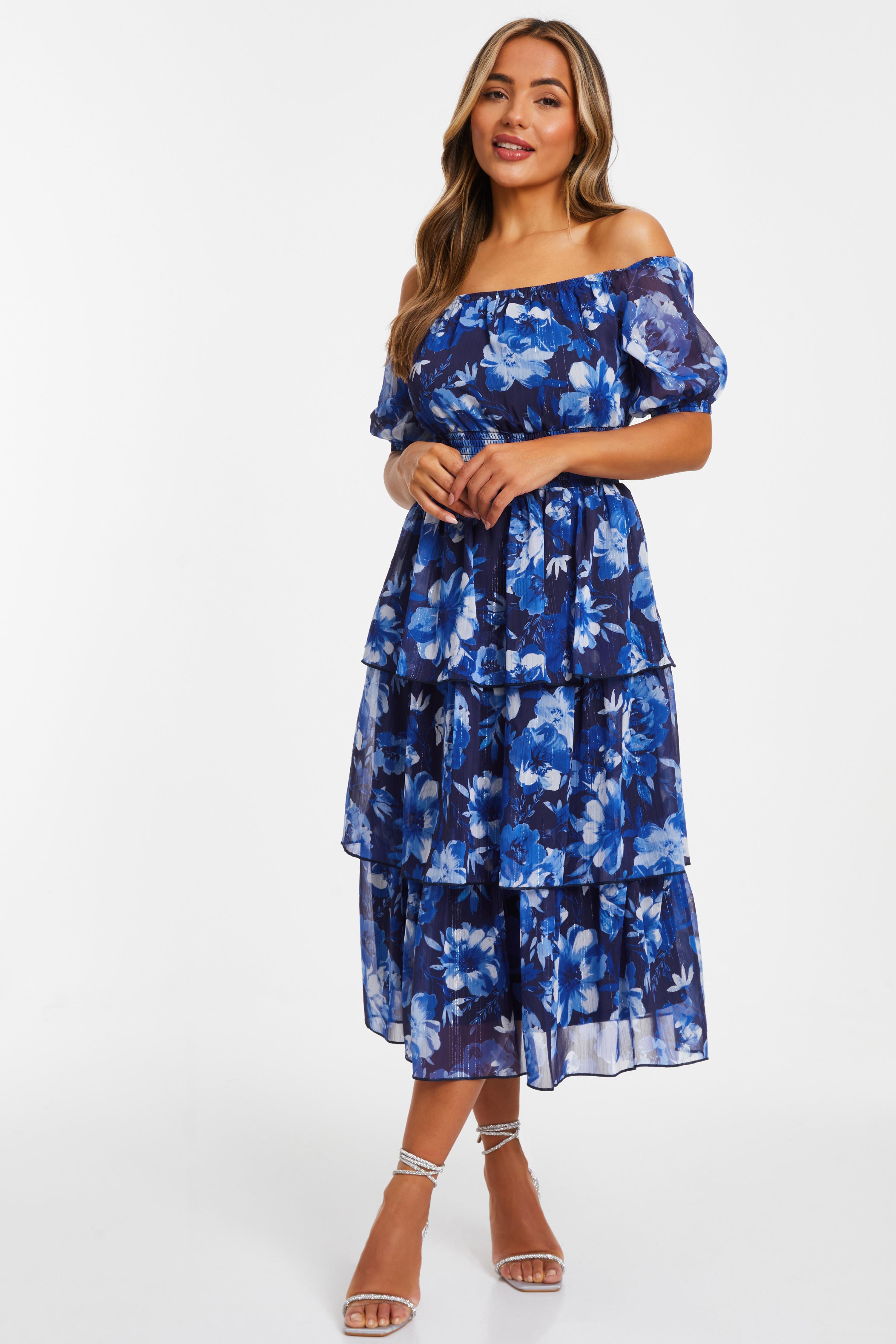Petite Navy Chiffon Floral Bardot Midi Dress
