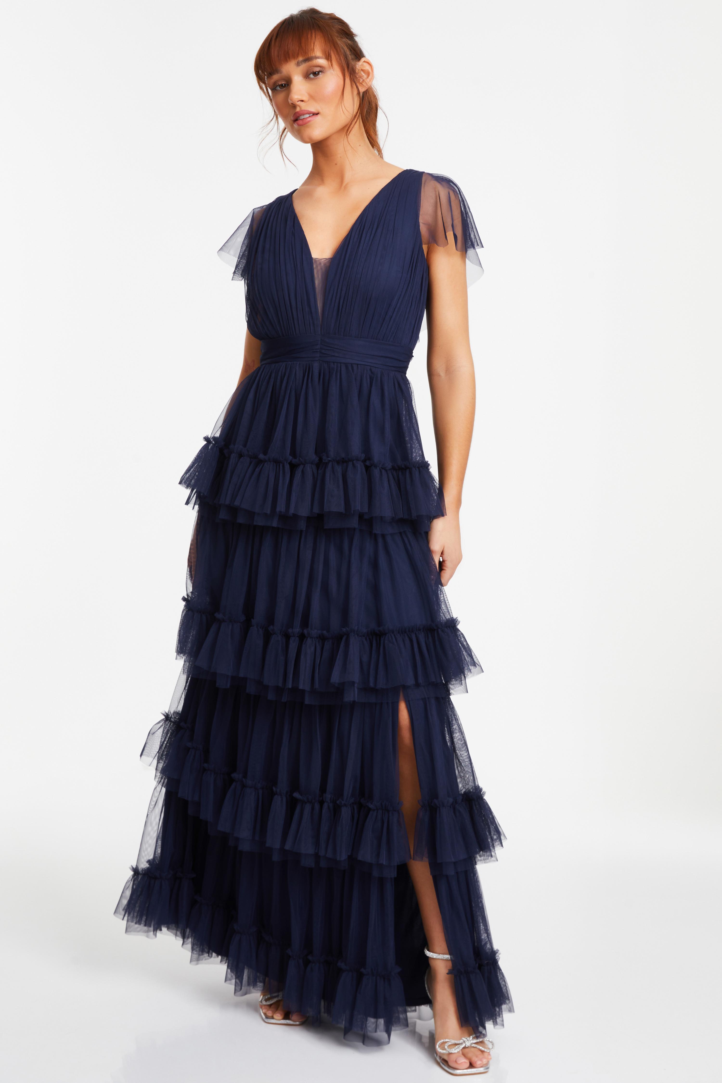 Navy Tulle Tiered Maxi Dress