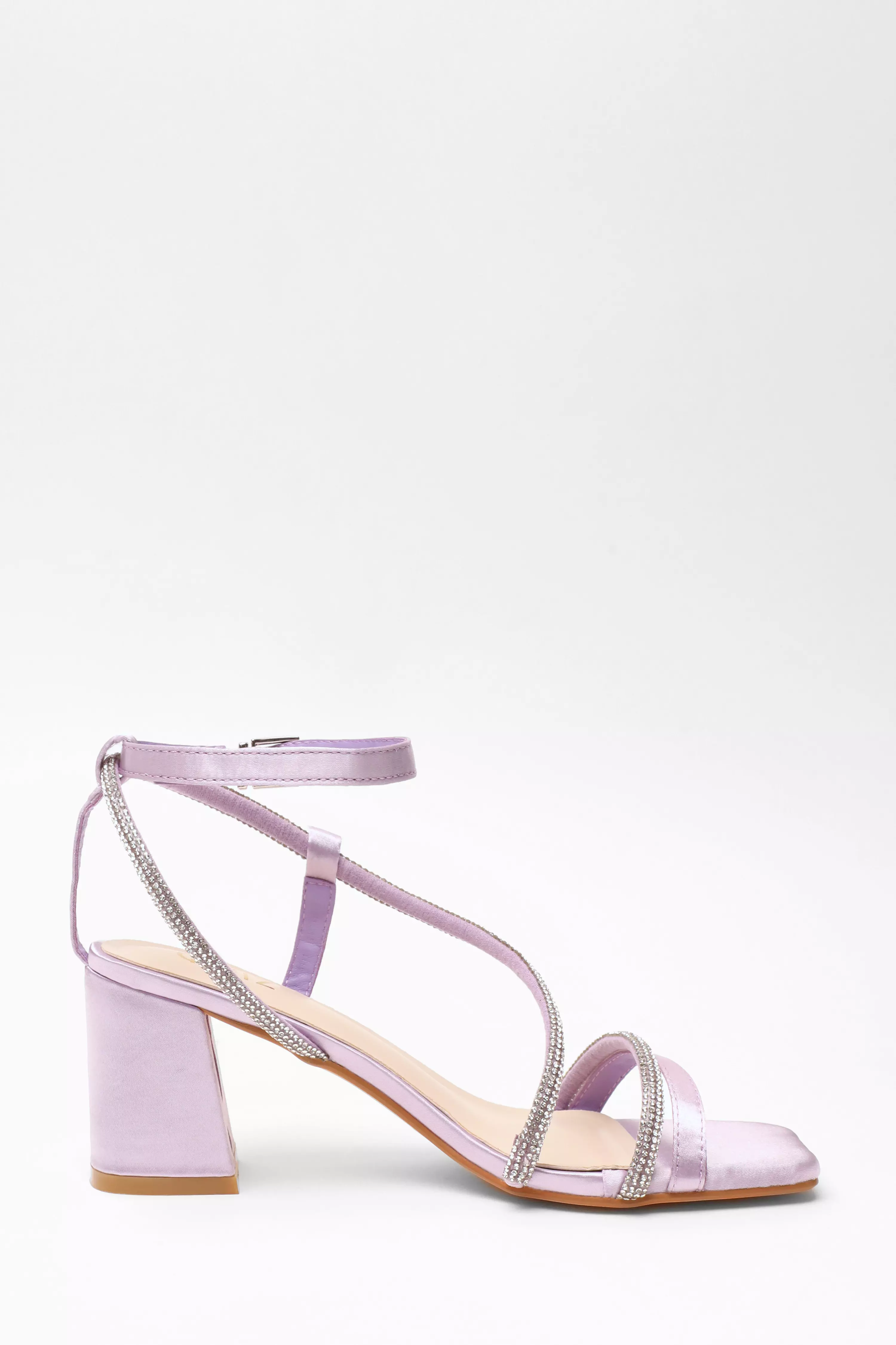 Lilac Satin Diamante Block Heeled Sandals - QUIZ Clothing