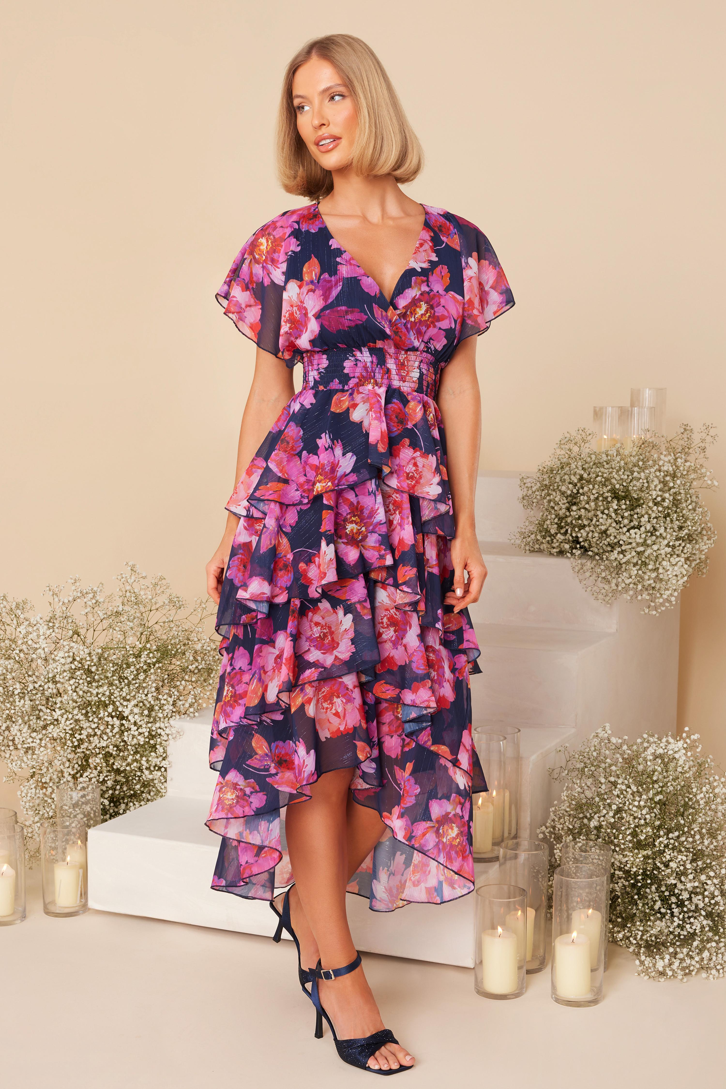 Navy Chiffon Floral Dip Hem Tiered Midi Dress