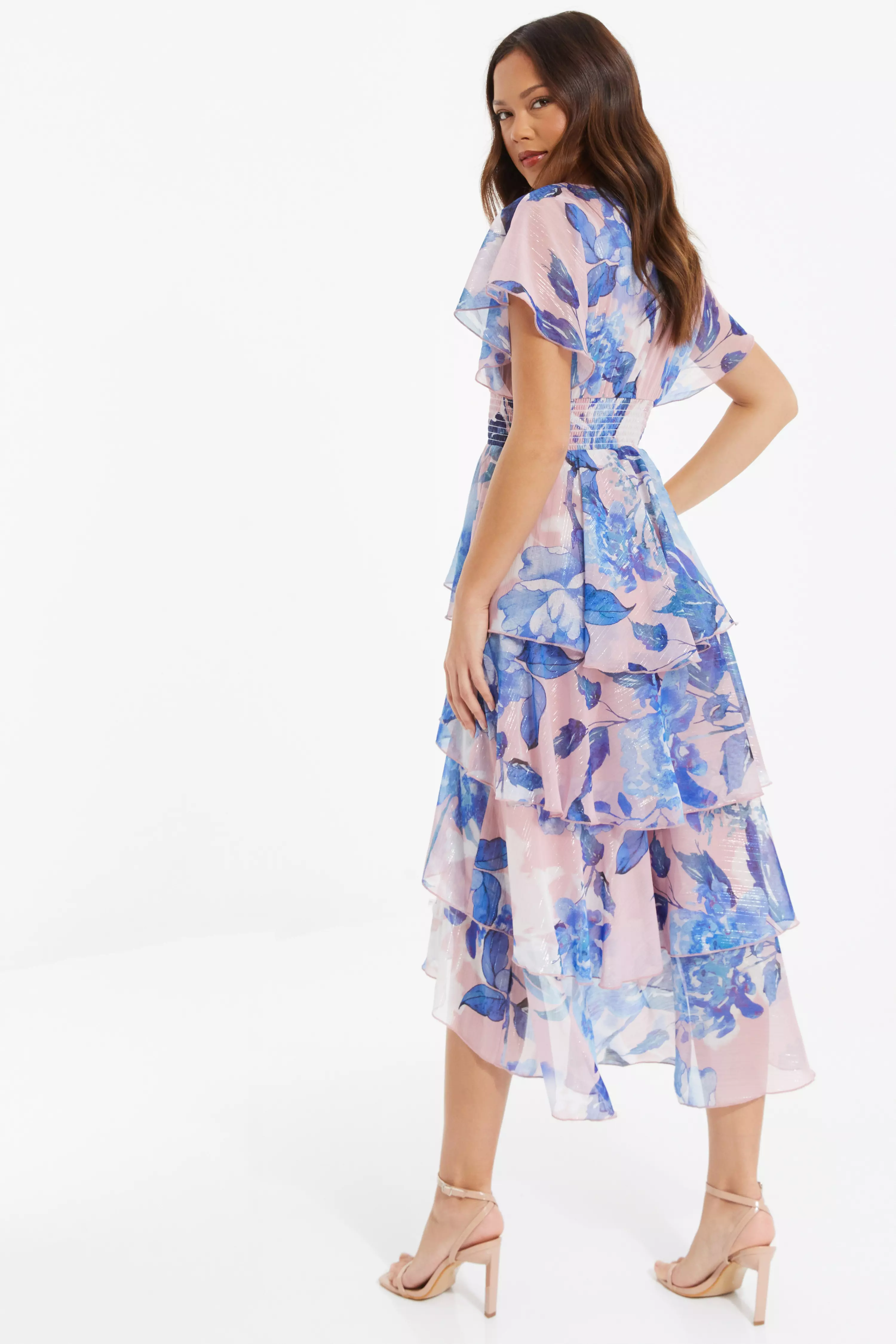 Blue Floral Dip Hem Tiered Midi Dress QUIZ Clothing