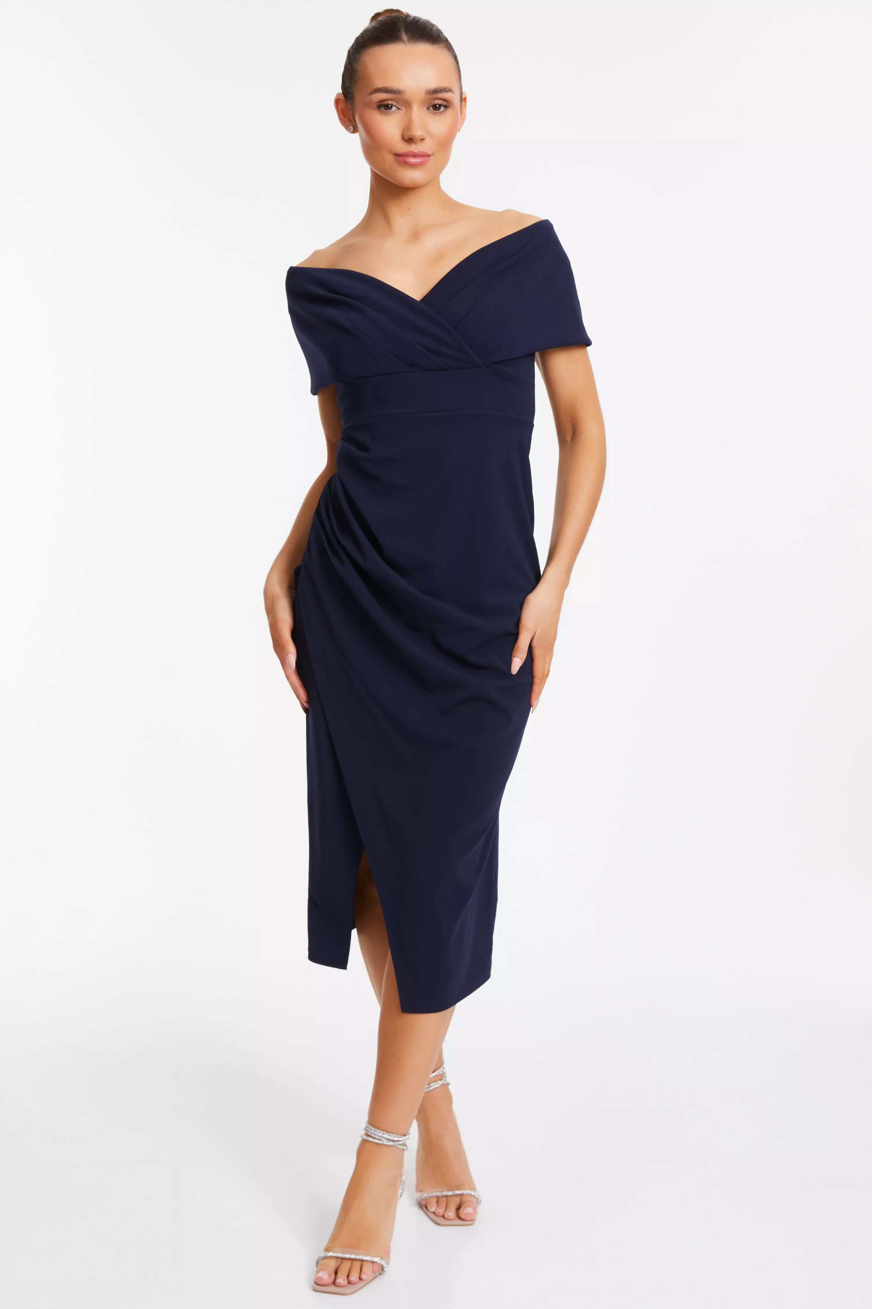Navy Bardot Ruched Wrap Midi Dress - QUIZ Clothing