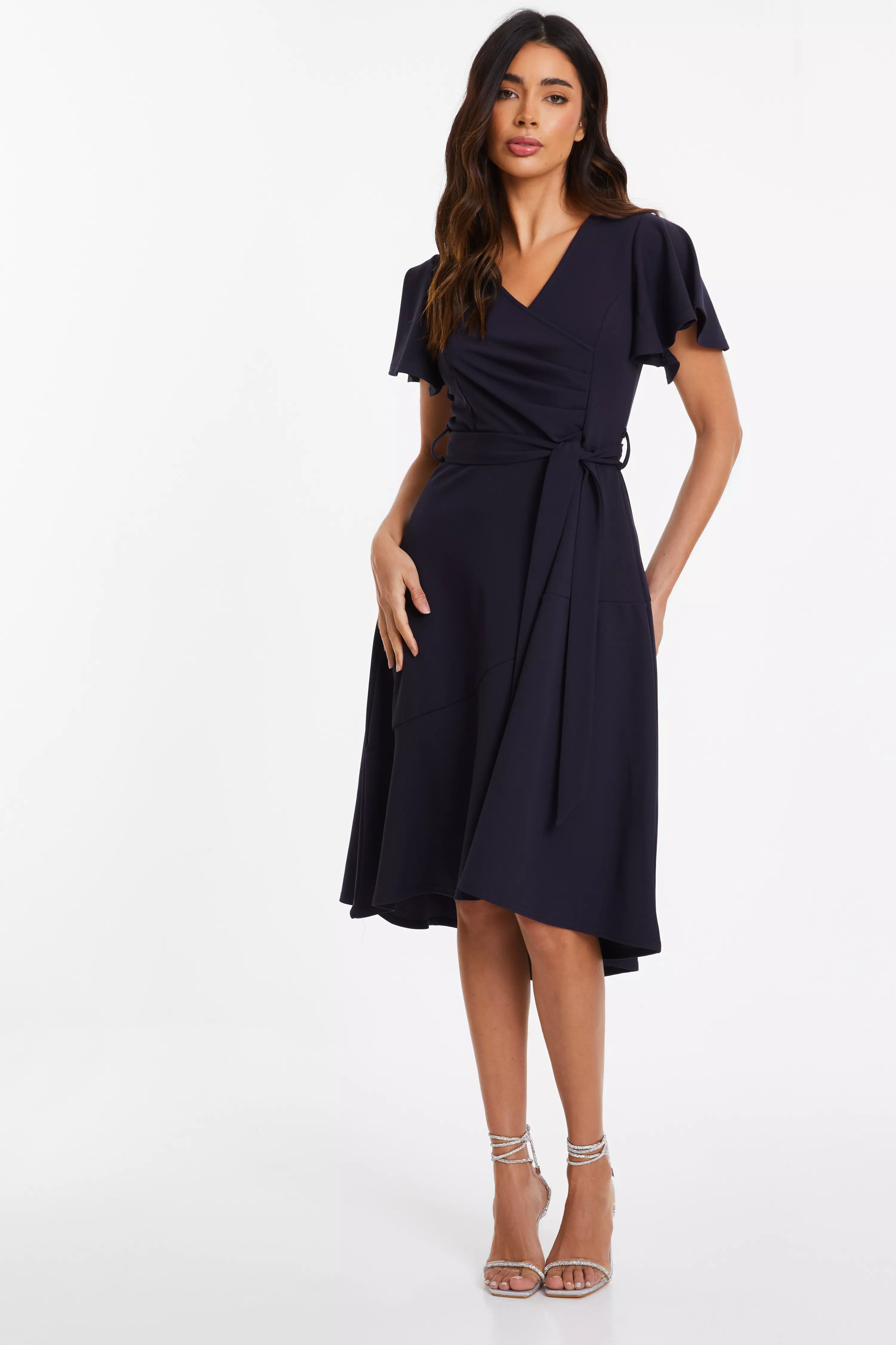 Navy Frill Sleeve Wrap Midi Dress - QUIZ Clothing