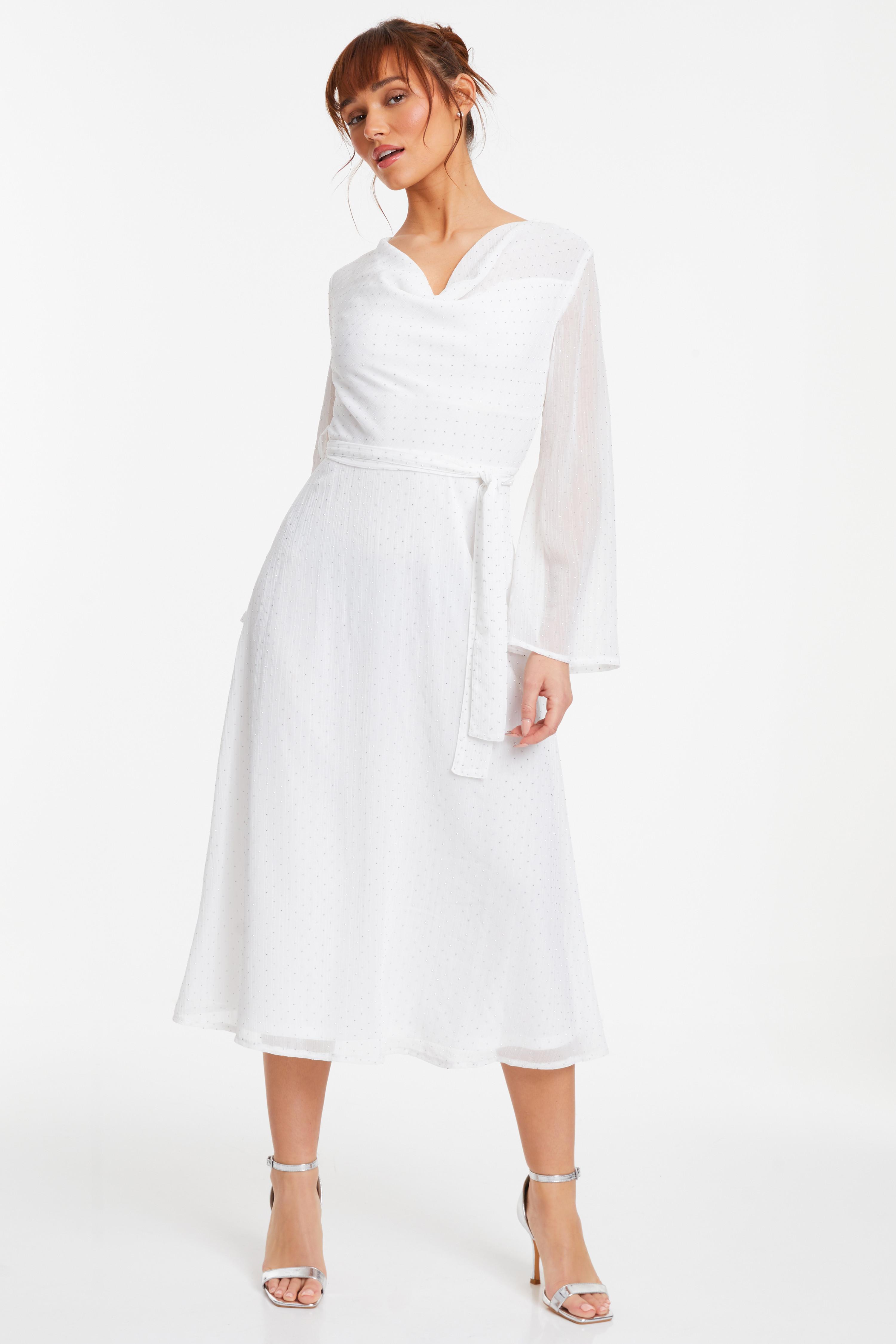 White Chiffon Polka Dot Cowl Neck Midi Dress