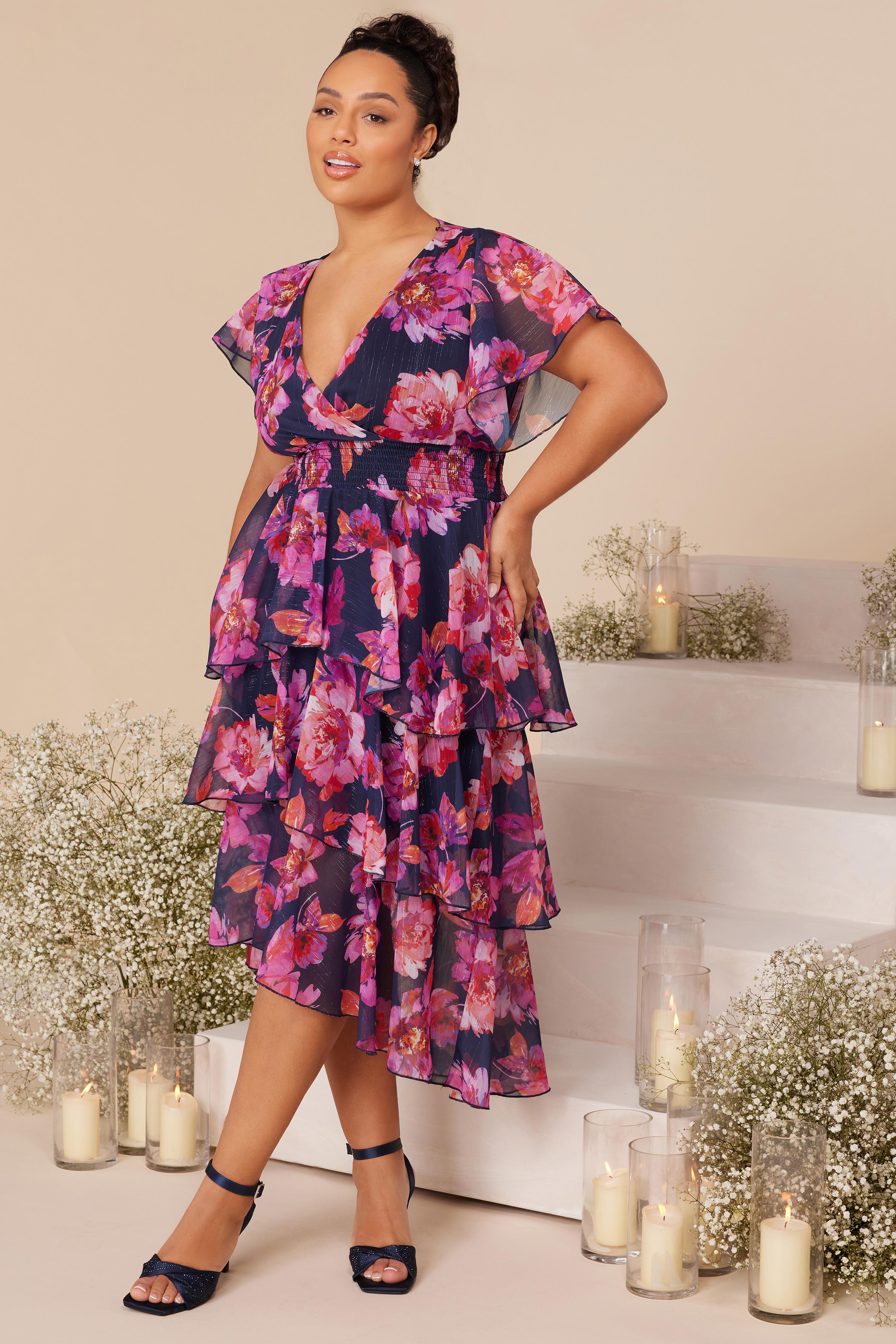 Curve Pink Floral Dip Hem Tiered Midi Dress