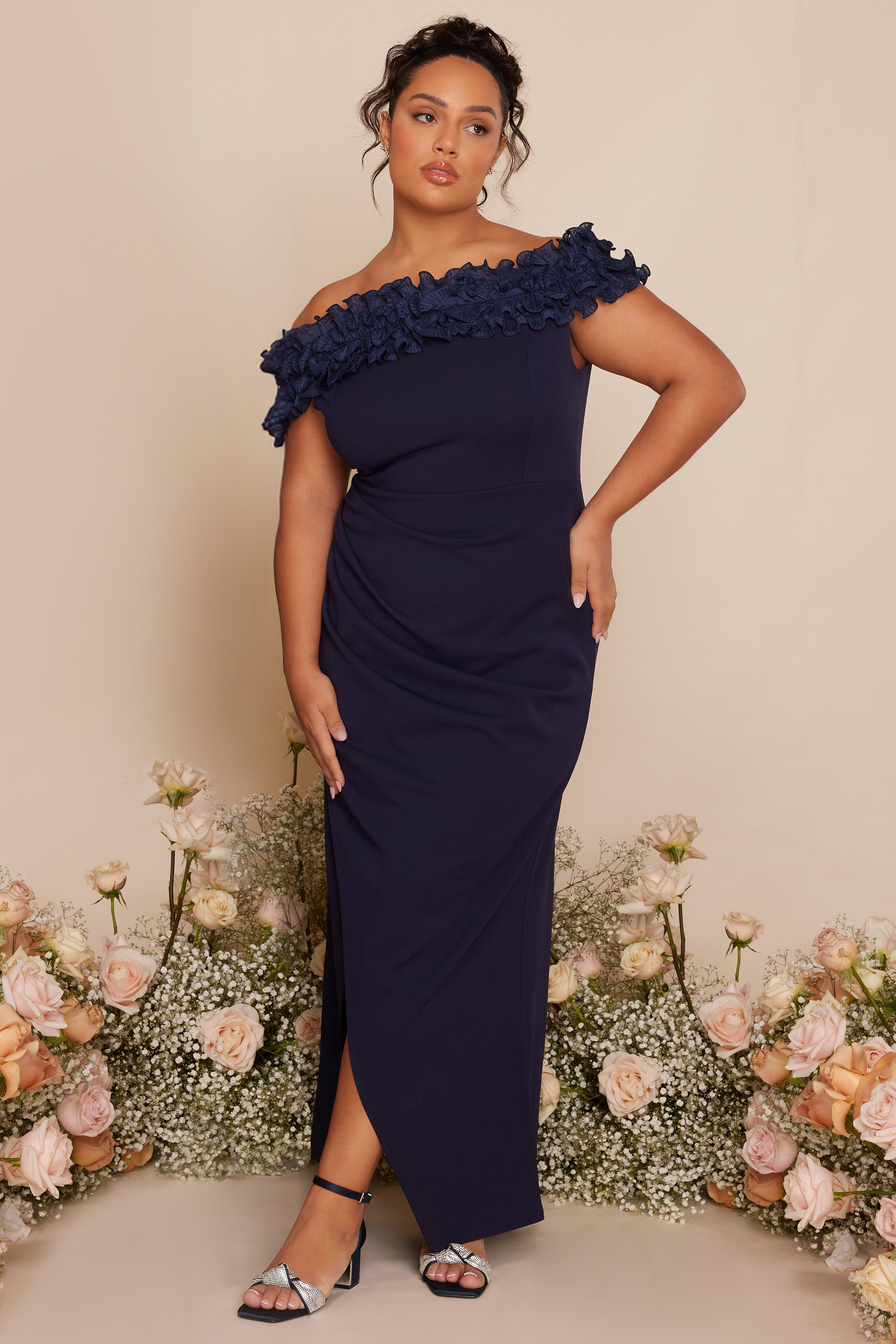 Curve Navy Ruffle Bardot Maxi Dress QUIZ Clothing