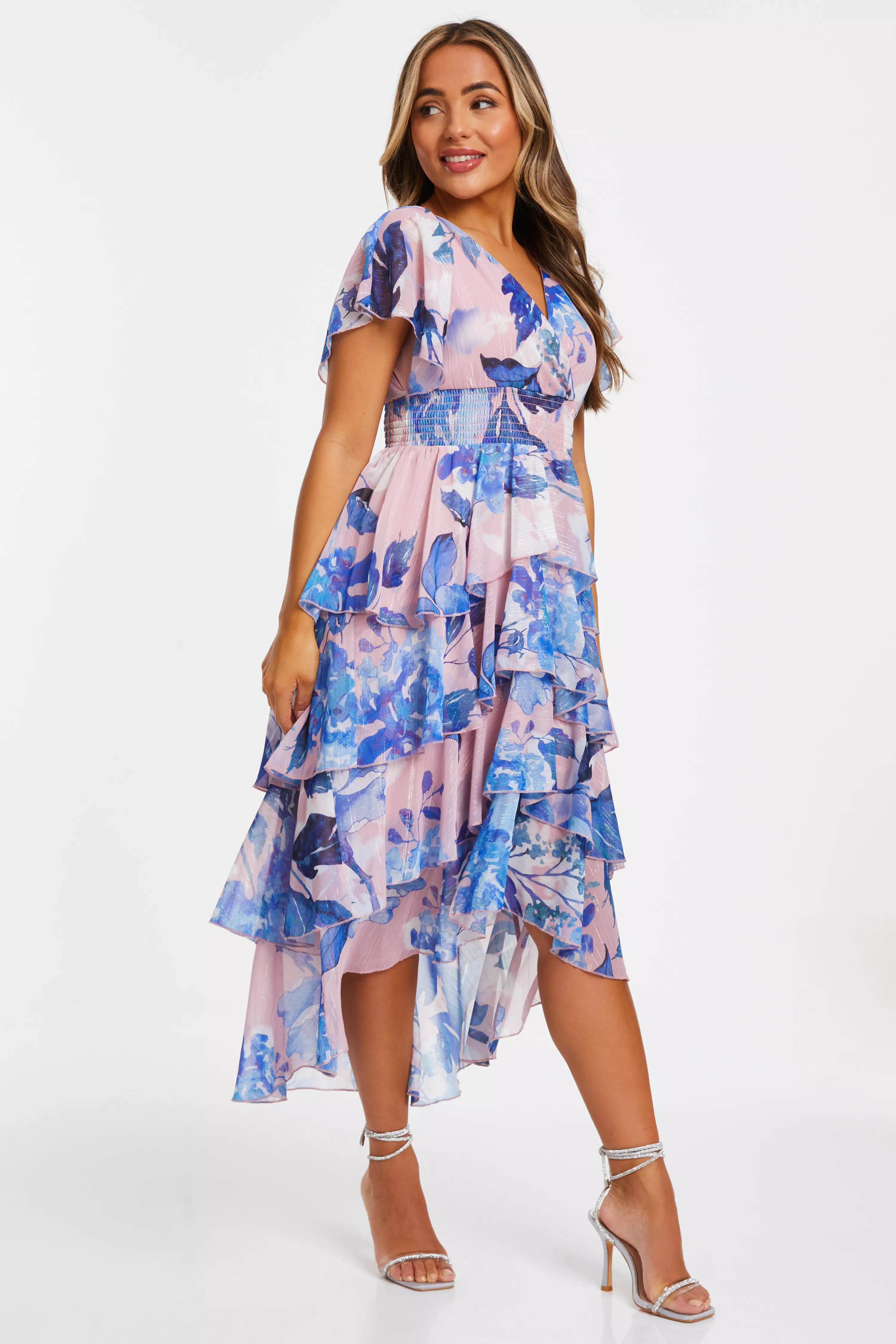 Petite Blue Floral Dip Hem Tiered Midi Dress - QUIZ Clothing