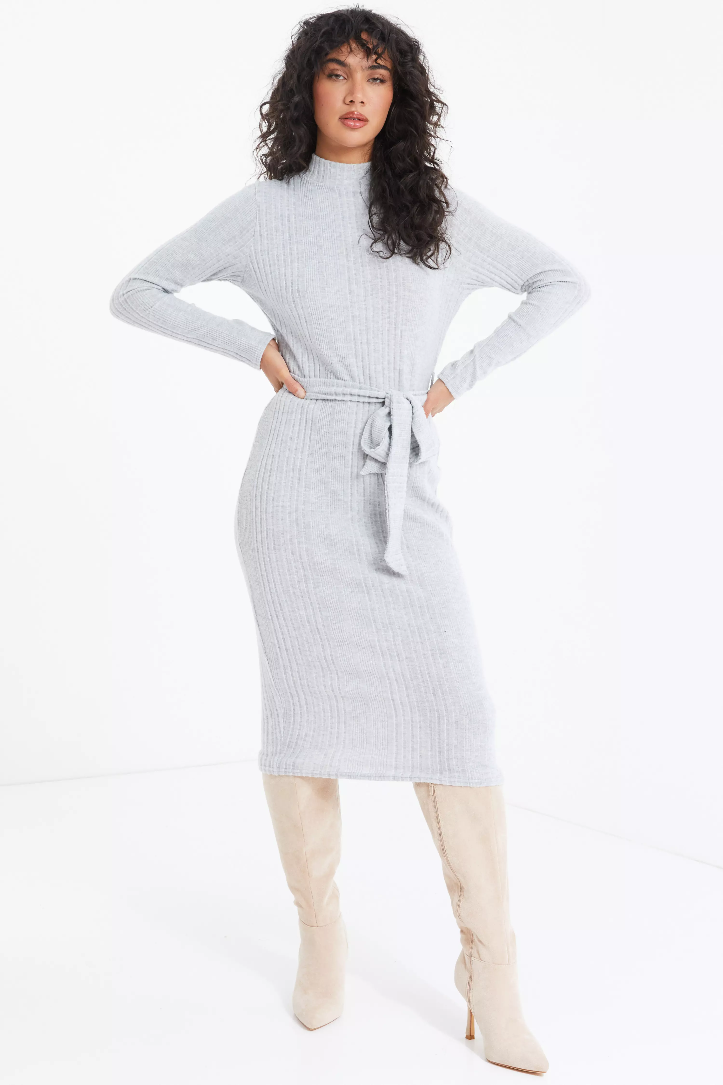 Grey Knitted Long Sleeve Midi Dress - QUIZ Clothing
