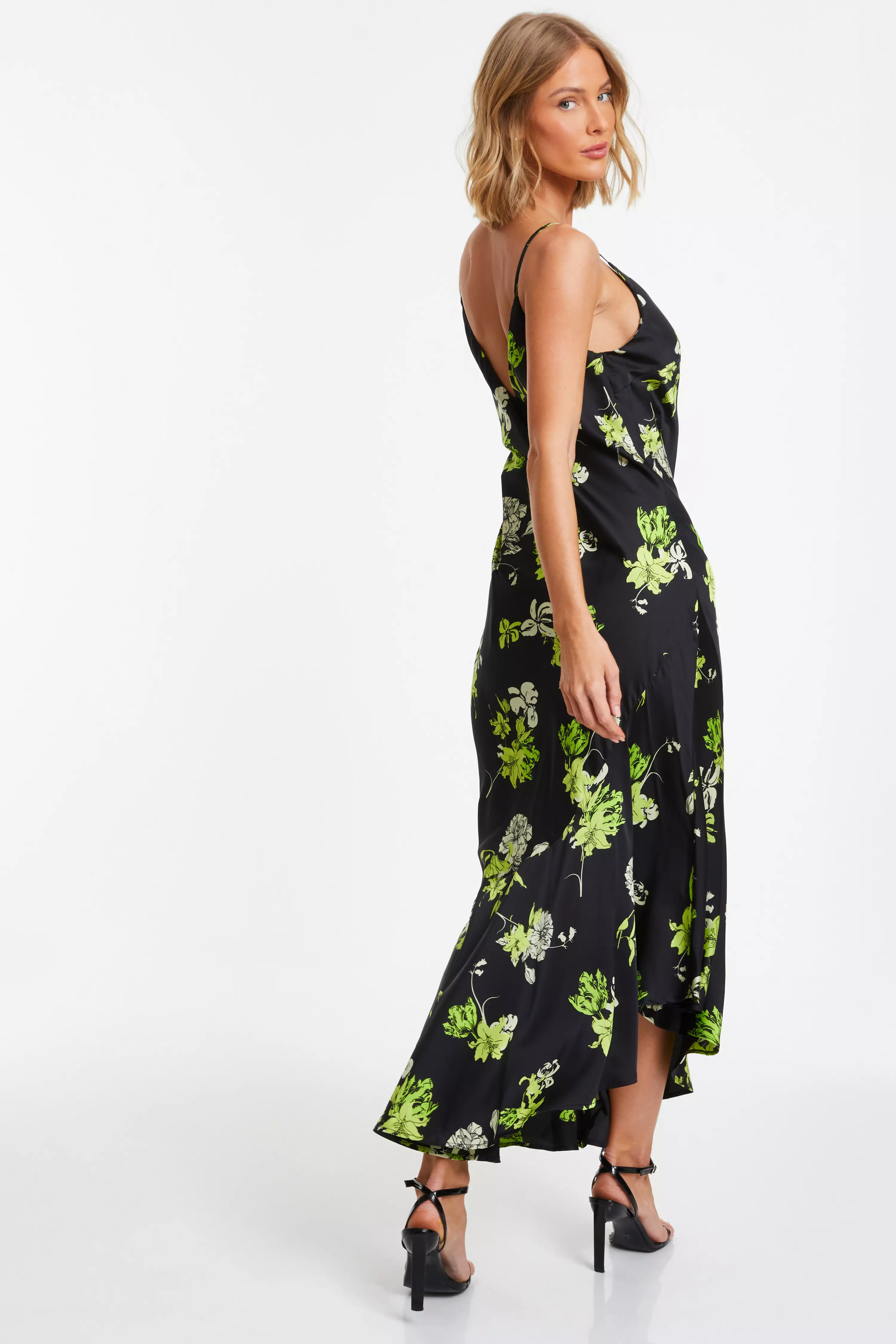 Black Floral Satin Asymmetric Midaxi Dress QUIZ Clothing