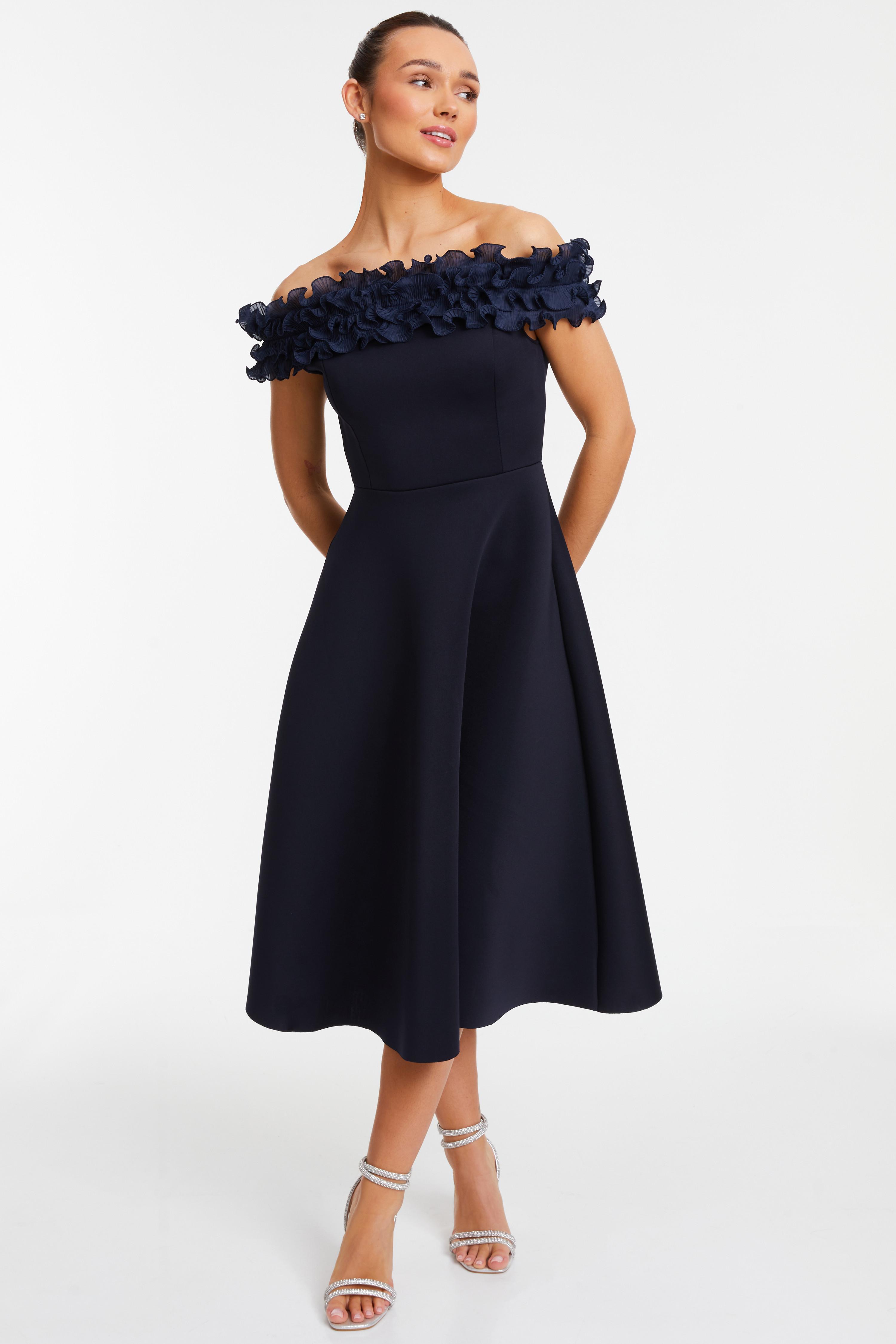 Navy Bardot Ruffle Skater Midi Dress QUIZ Clothing