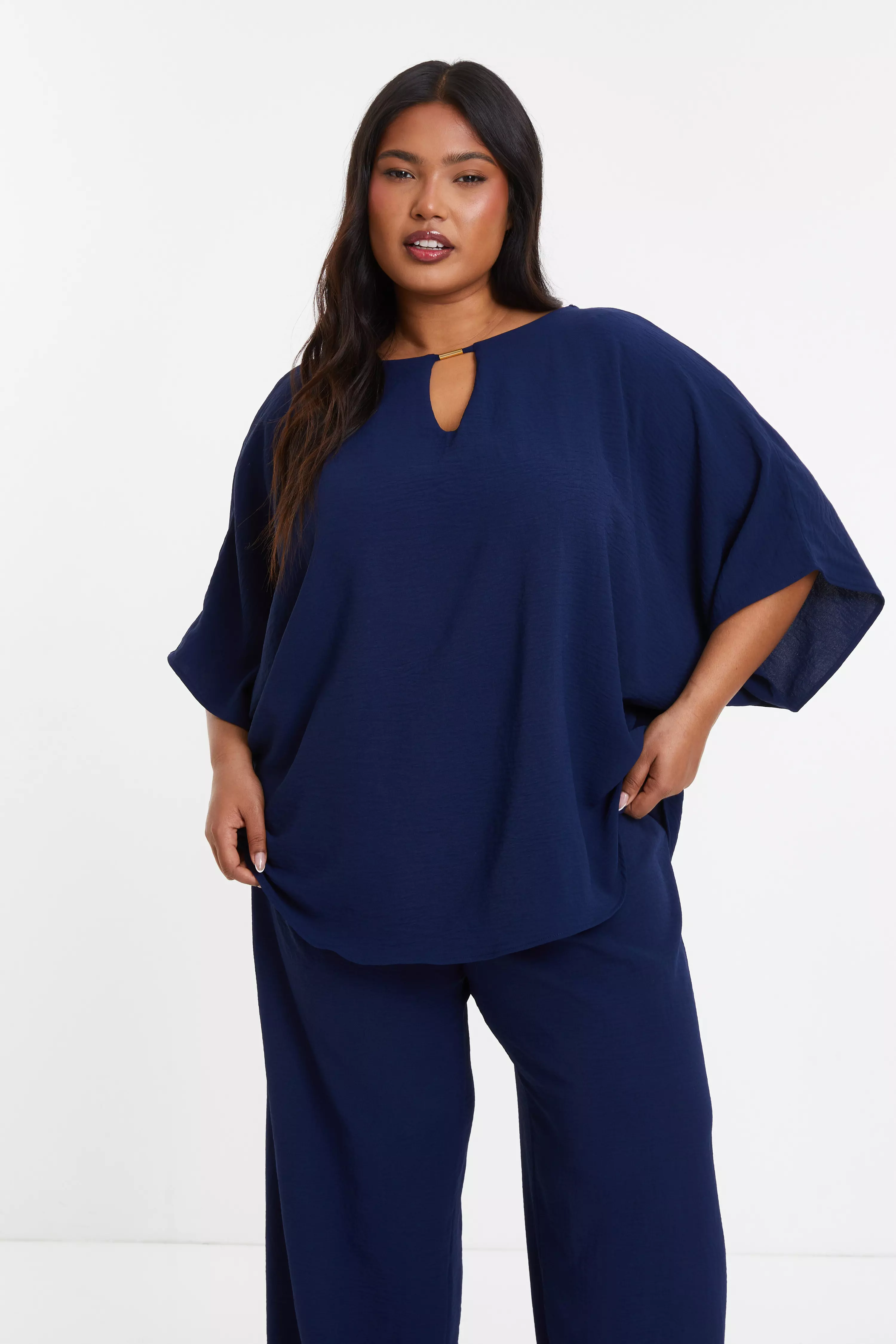 Curve Navy Textured Notched Top - QUIZ Clothing