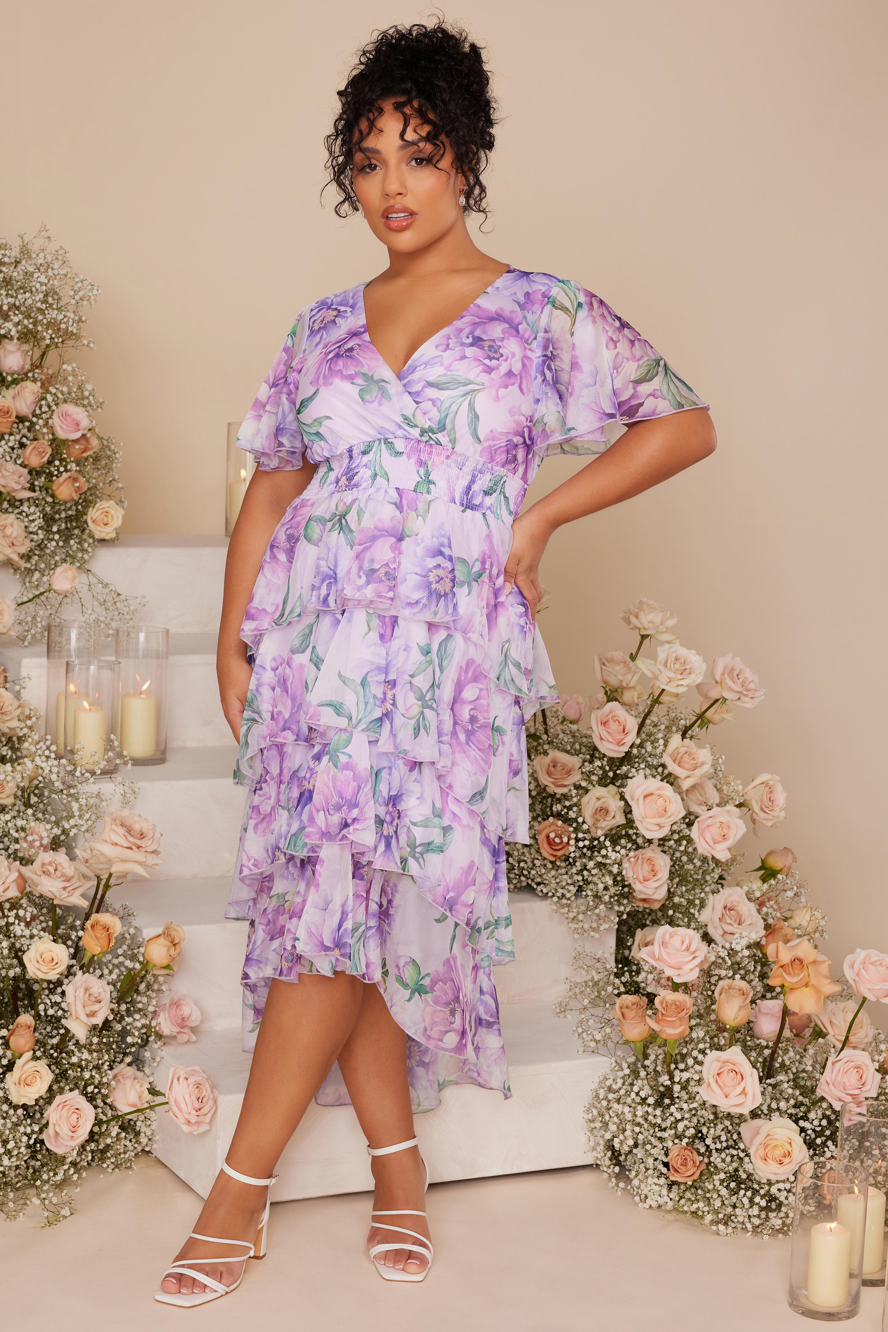 Curve Lilac Floral Dip Hem Tiered Midi Dress