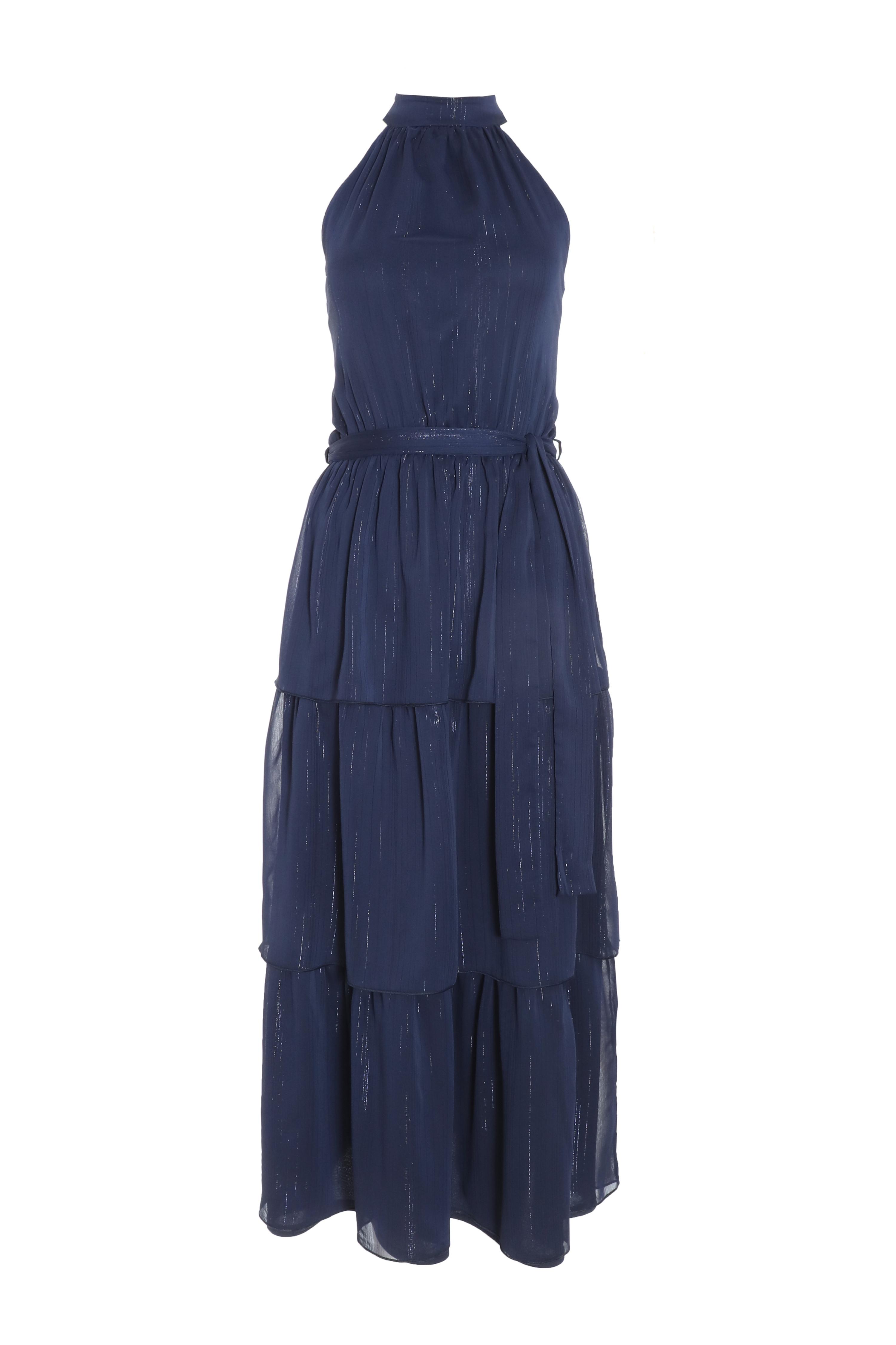 Navy Chiffon High Neck Tiered Midaxi Dress<!-- --> - <!-- -->QUIZ