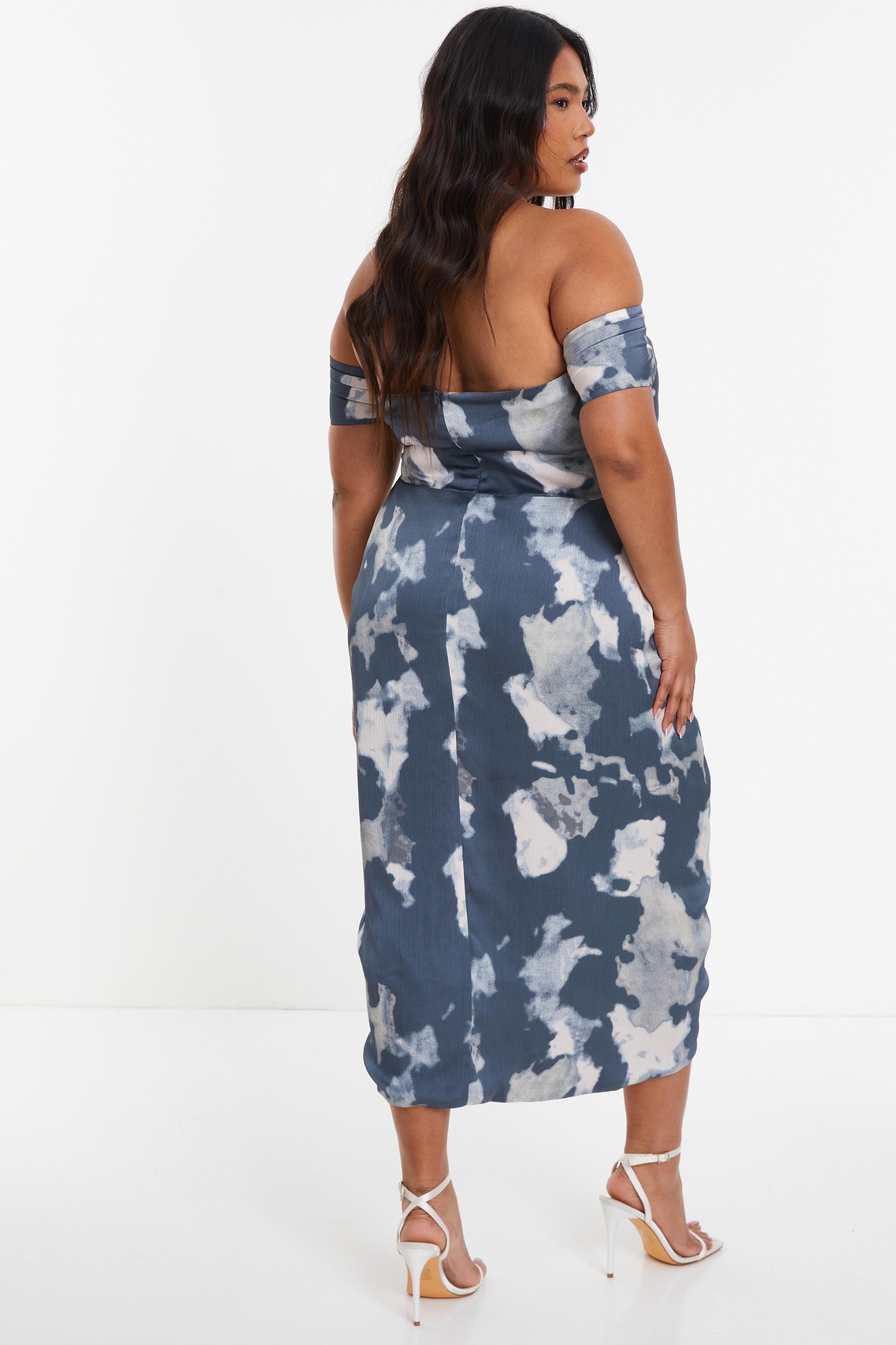 Curve Grey Marble Print Bardot Midi Dress QUIZ Clothing