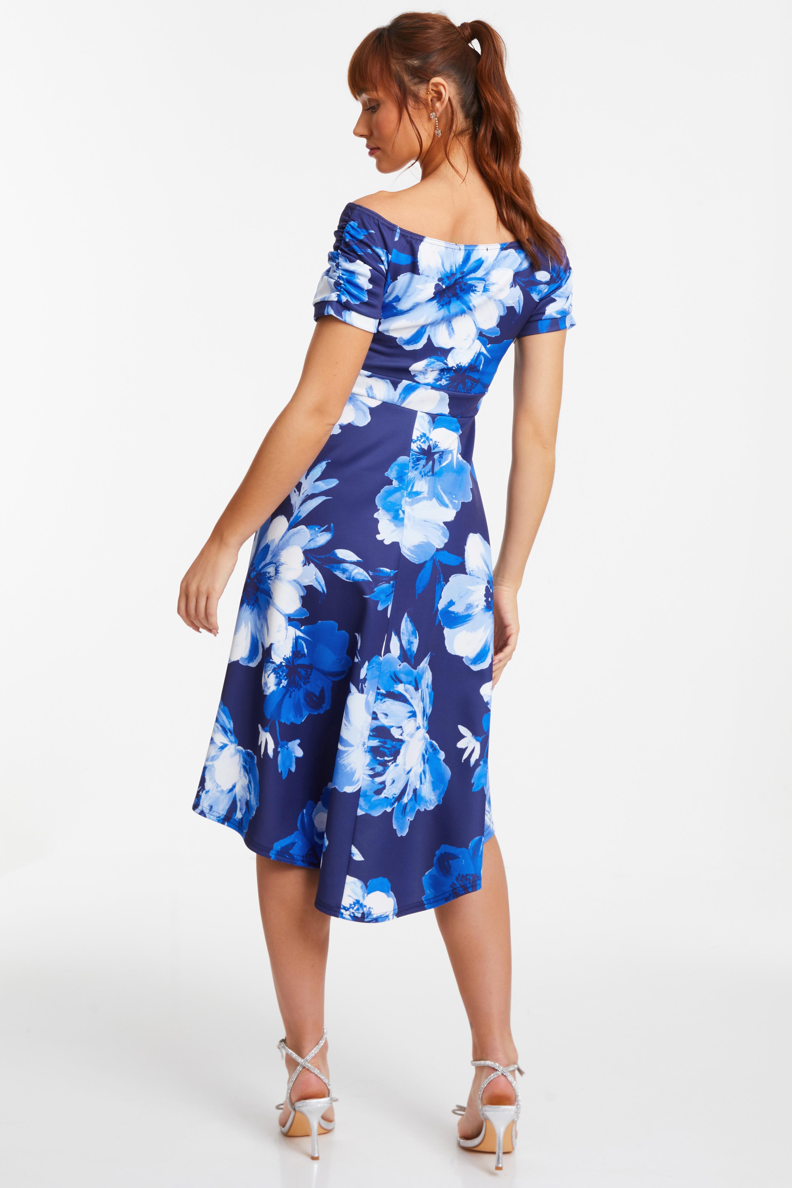 Navy Floral Bardot Dip Hem Midi Dress QUIZ Clothing