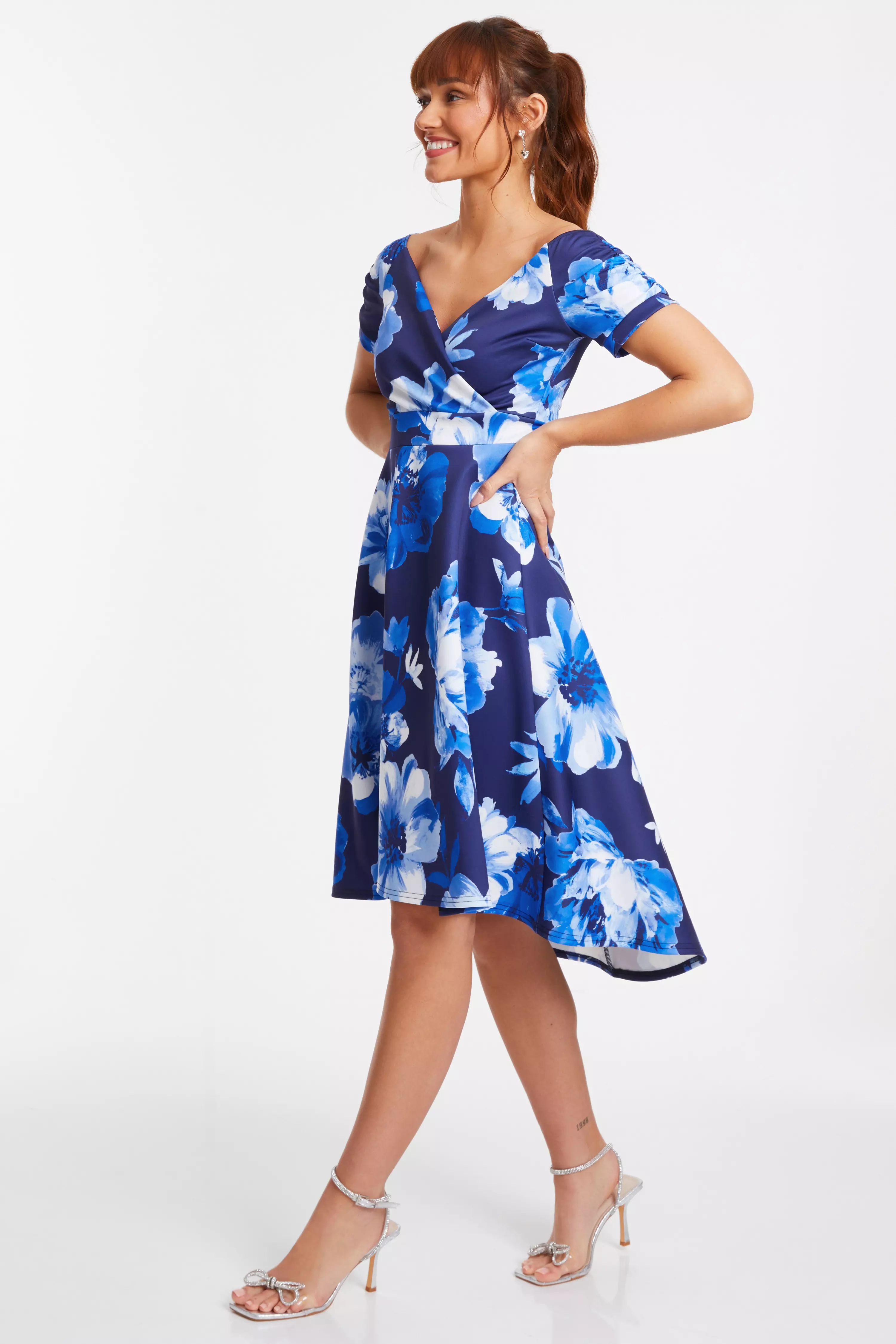 Navy Floral Bardot Dip Hem Midi Dress - QUIZ Clothing