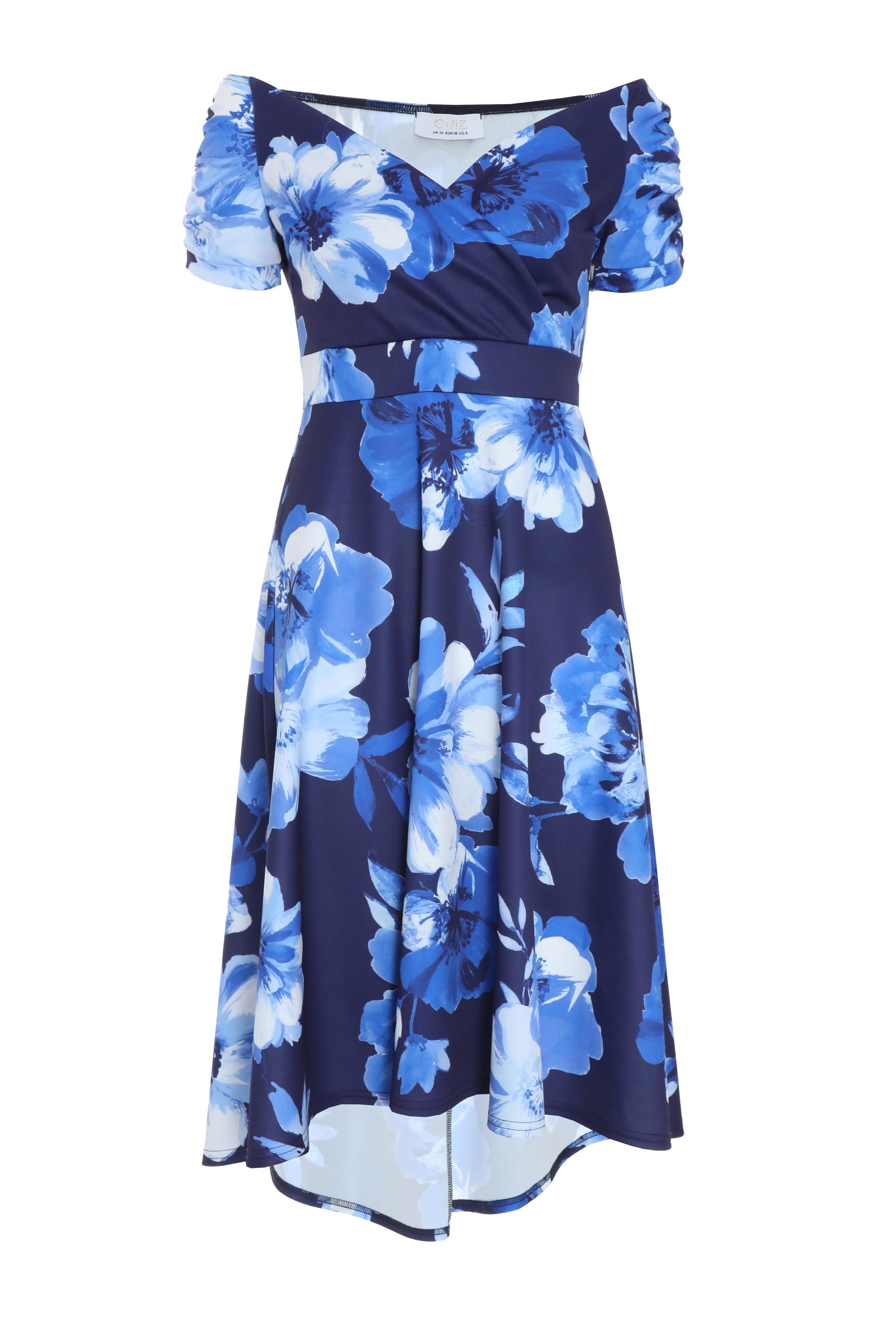 Navy Floral Bardot Dip Hem Midi Dress QUIZ Clothing