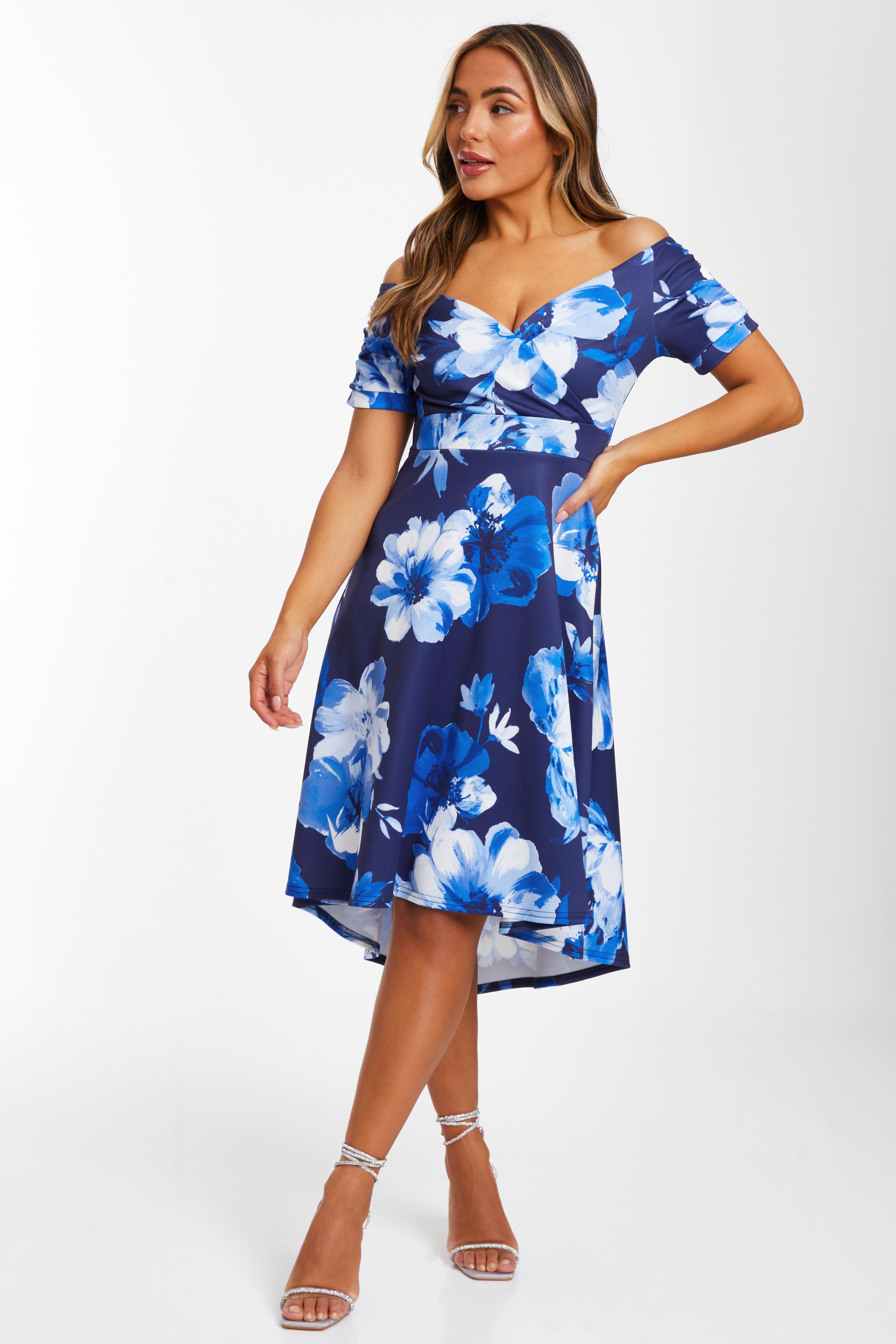Petite Navy Floral Bardot Dip Hem Midi Dress