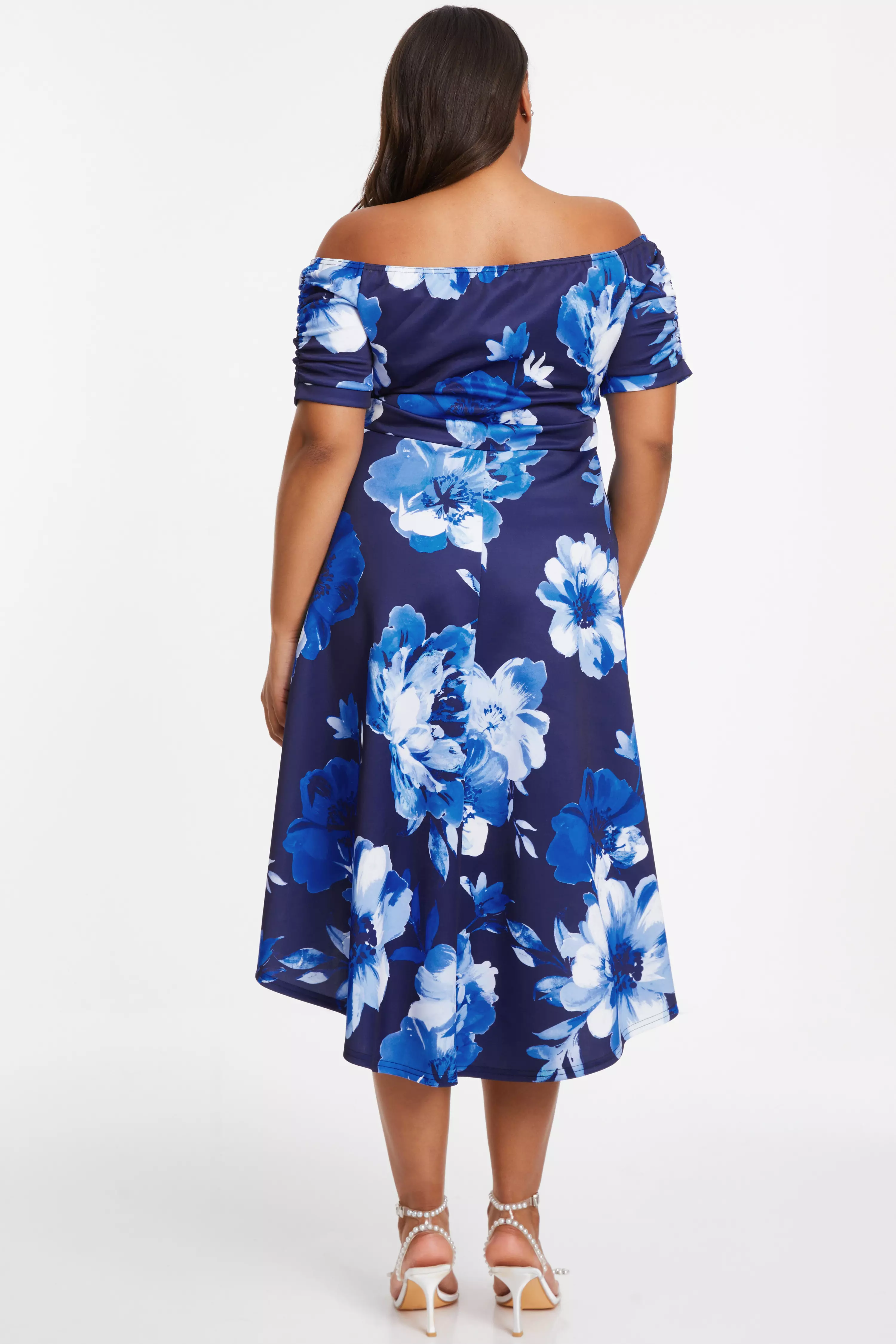 Curve Navy Floral Bardot Dip Hem Midi Dress - QUIZ Clothing