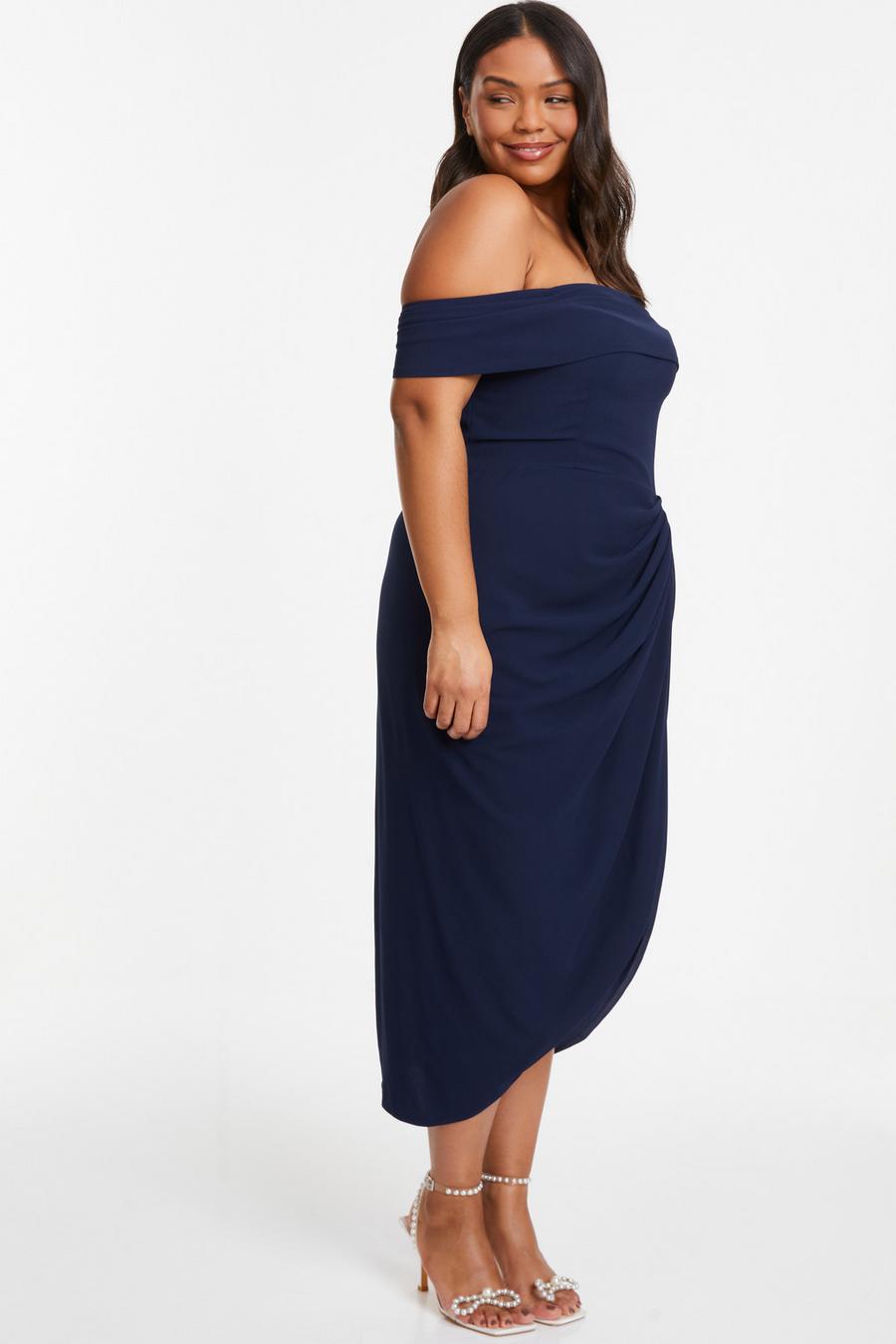 Curve Navy Chiffon Bardot Midi Dress Quiz Clothing