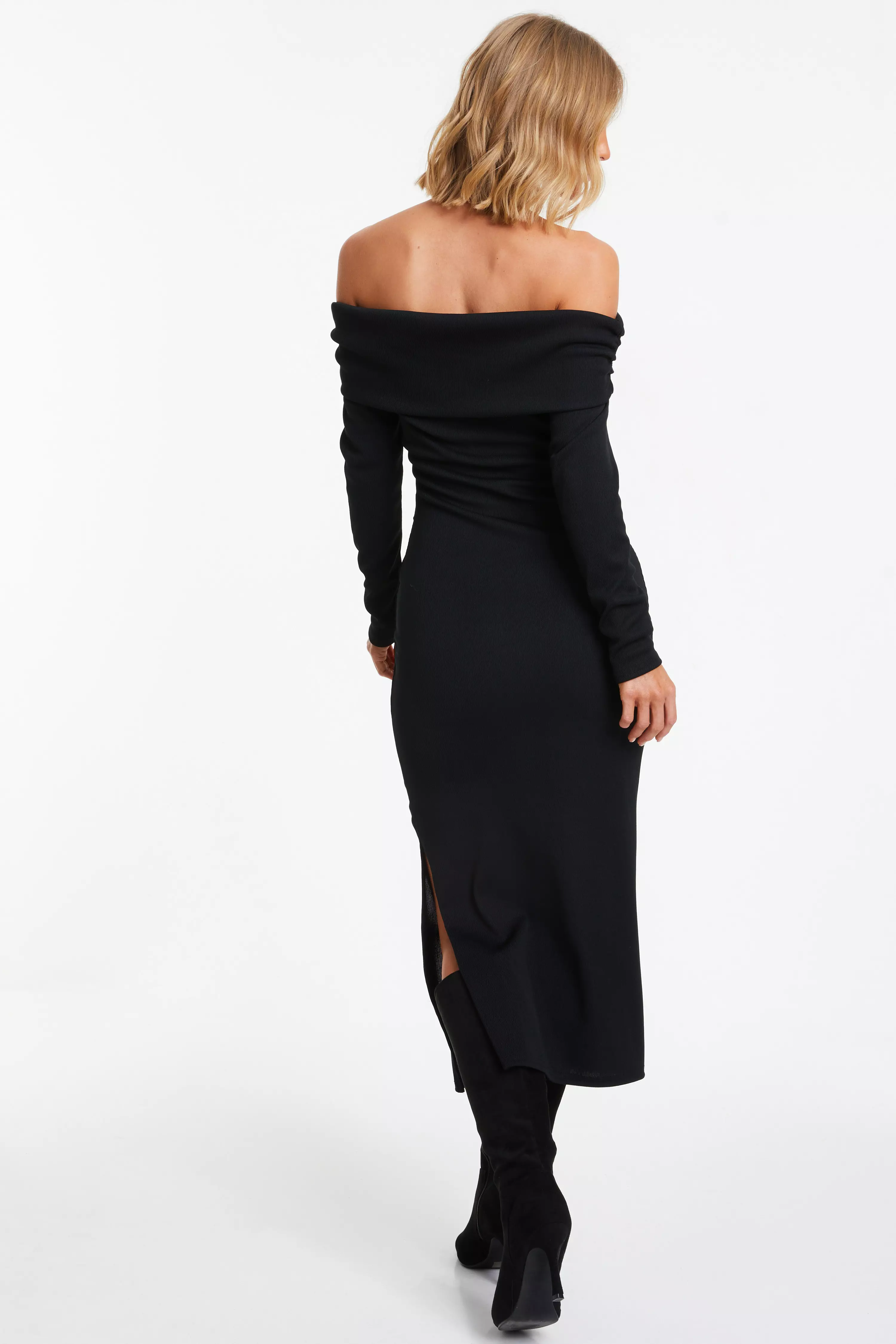 Black Ribbed Bardot Bodycon Midi Dress QUIZ Clothing