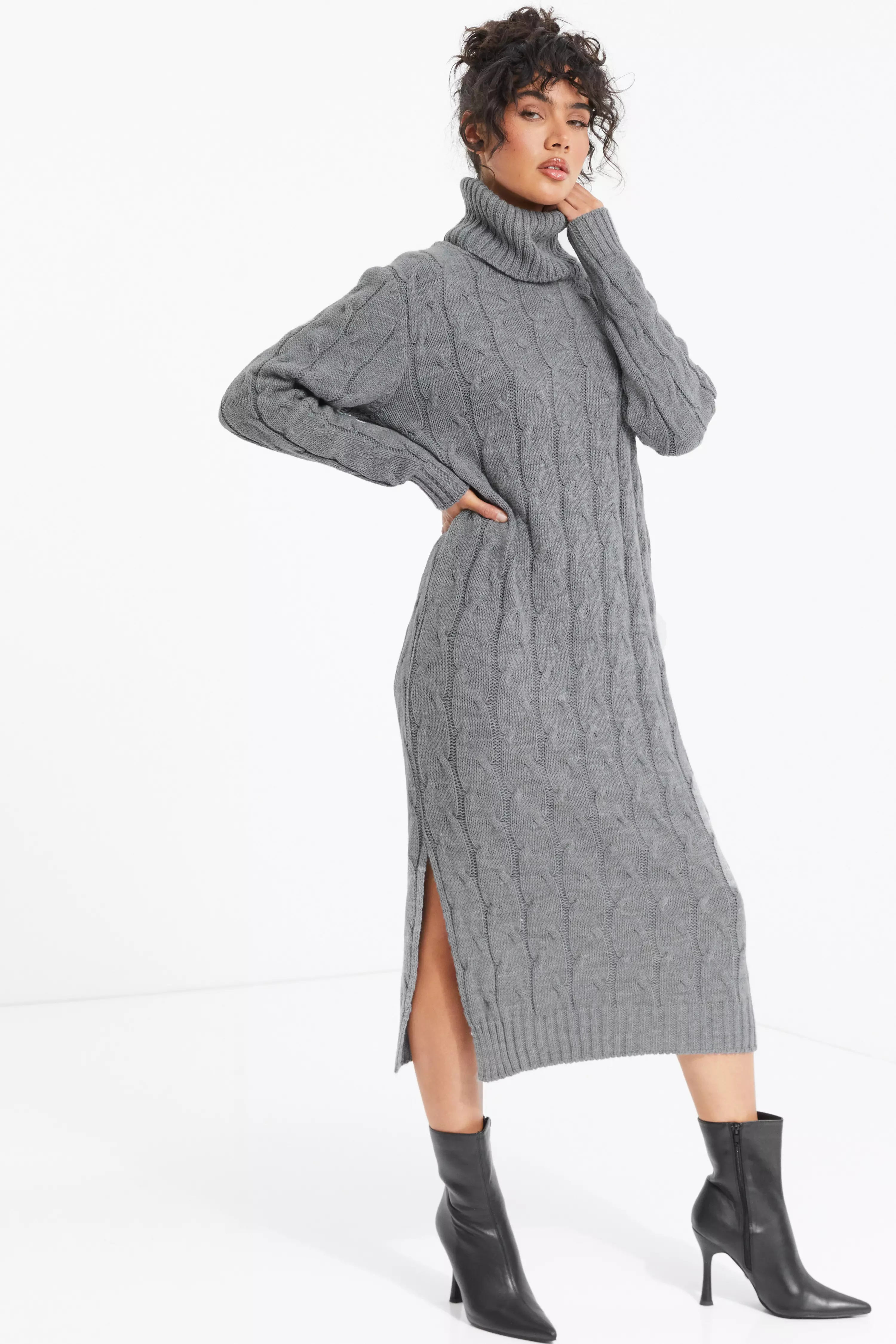 Grey Cable Knit Midi Jumper Dress QUIZ Clothing