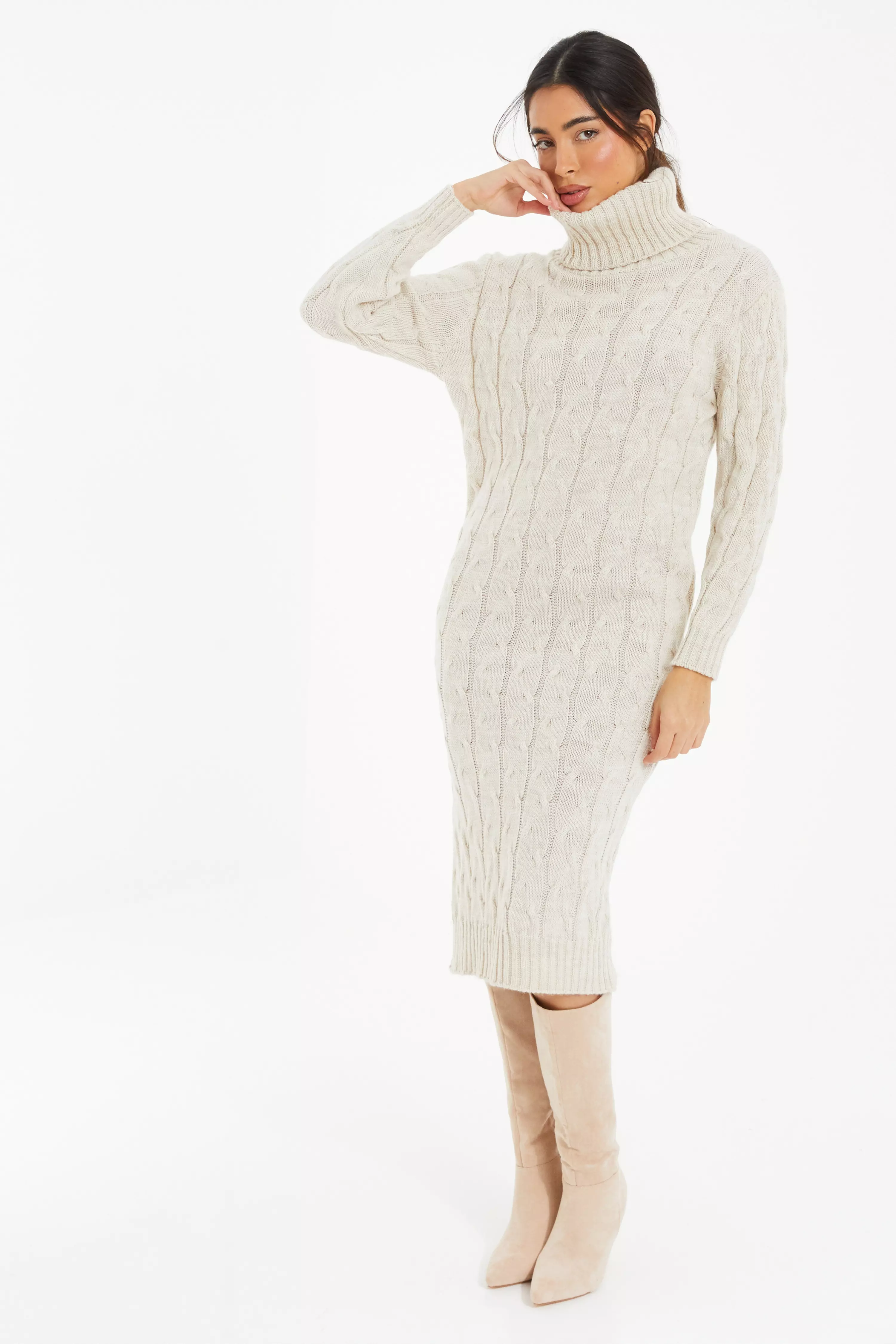 Stone Cable Knit Midi Jumper Dress QUIZ Clothing