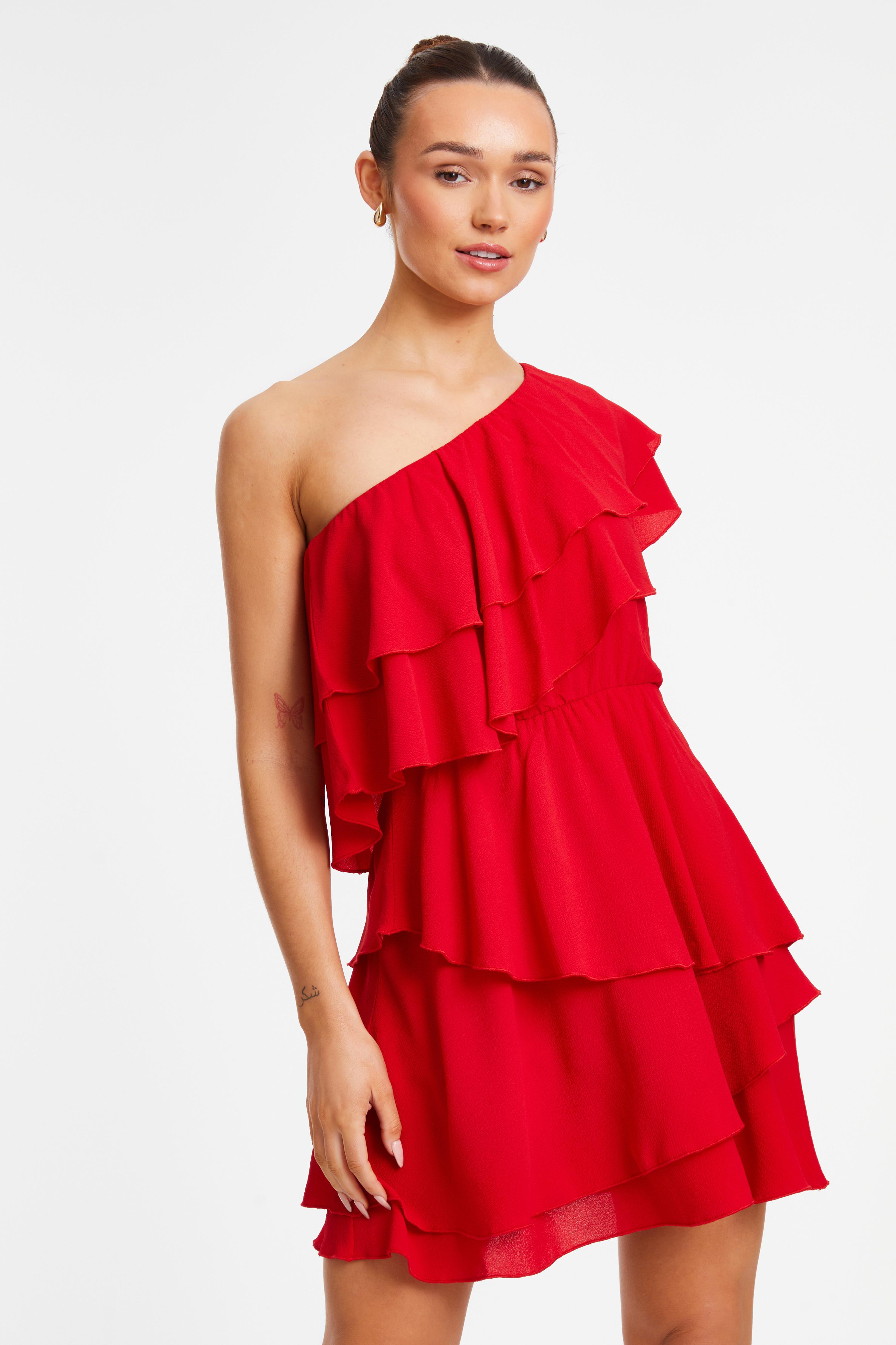 Red One Shoulder Tiered Mini Dress