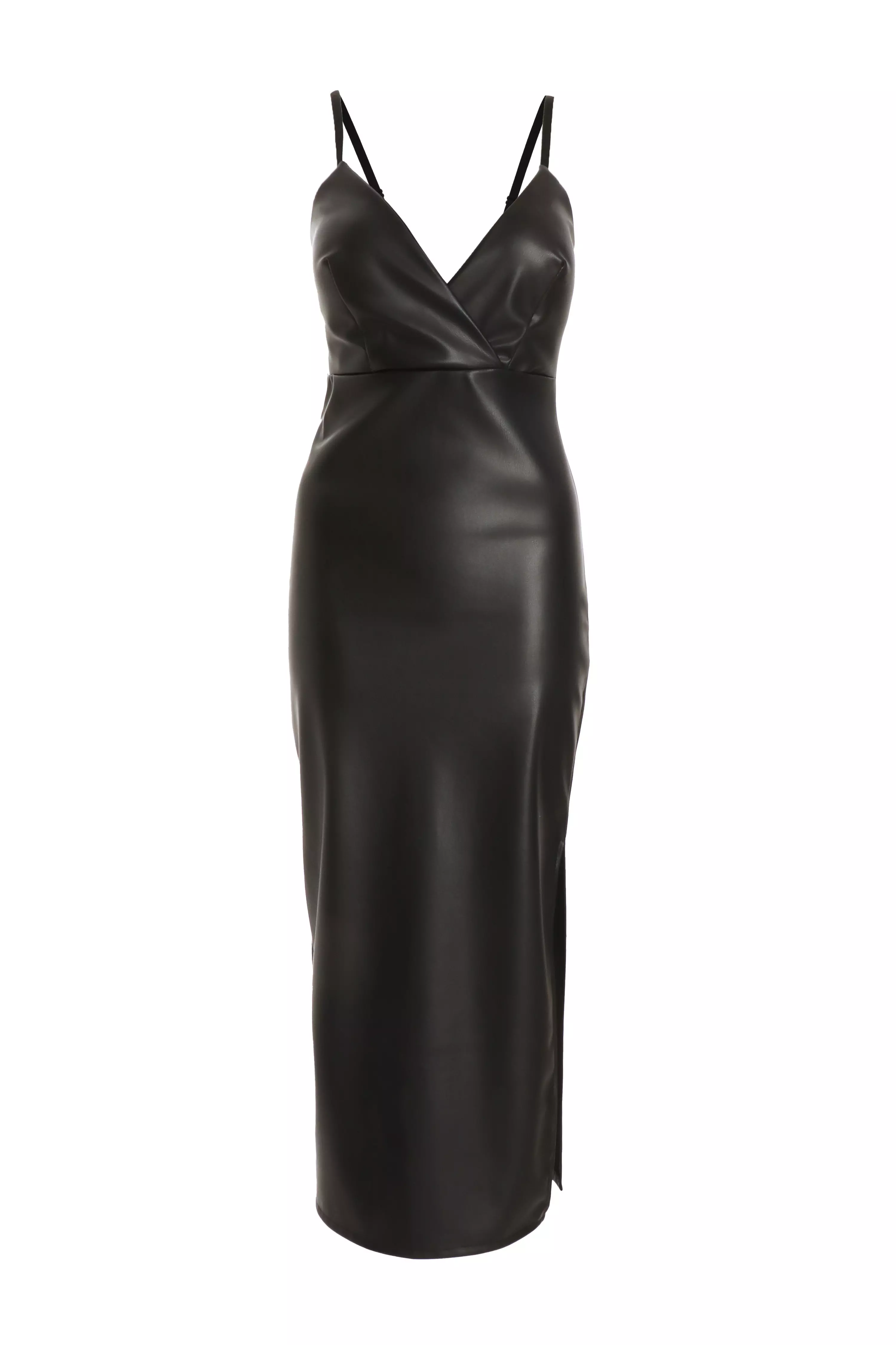 Black Faux Leather Wrap Midi Dress - QUIZ Clothing