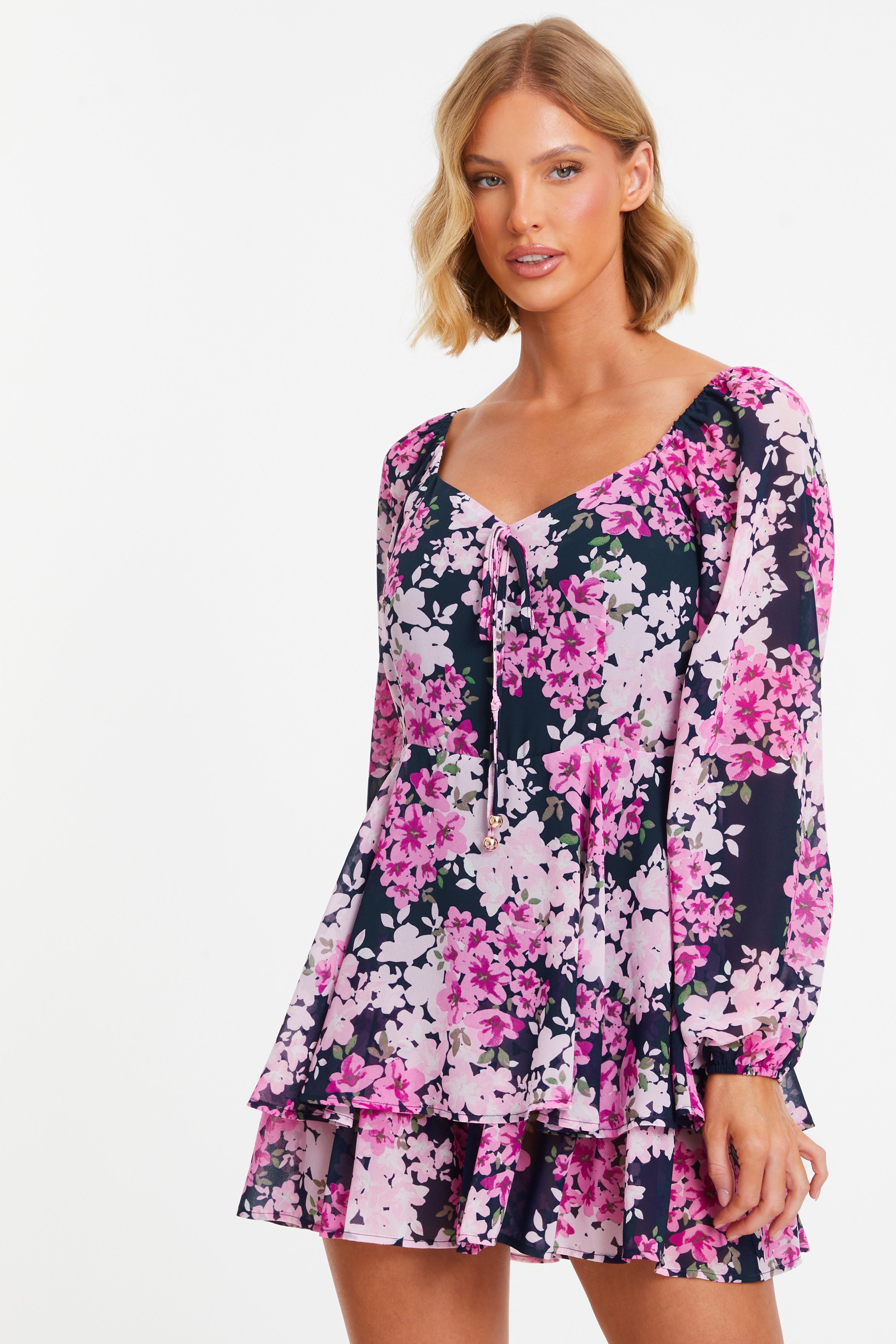 Pink Floral Tiered Playsuit QUIZ Clothing