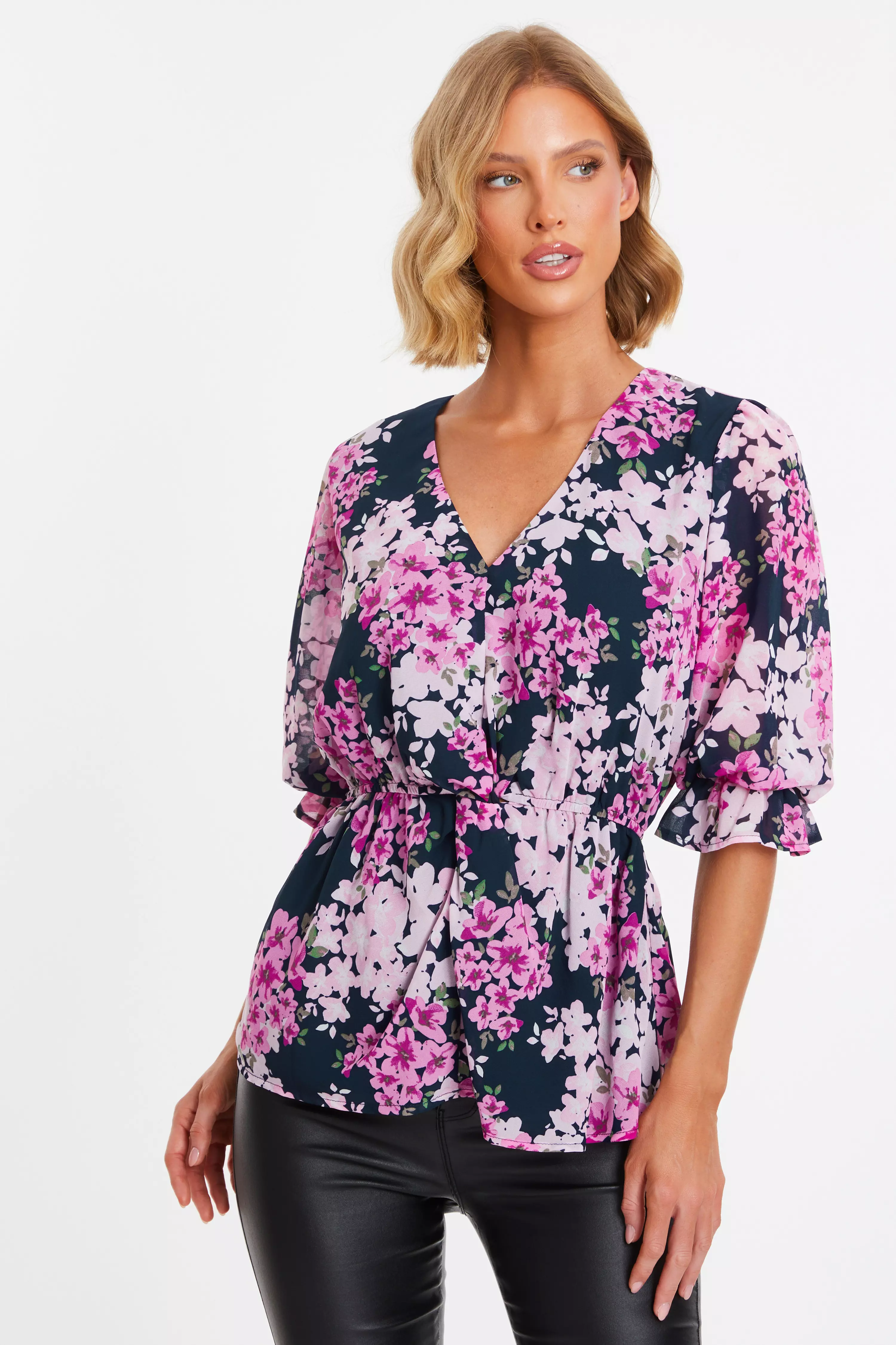 Pink Floral Wrap Top - QUIZ Clothing