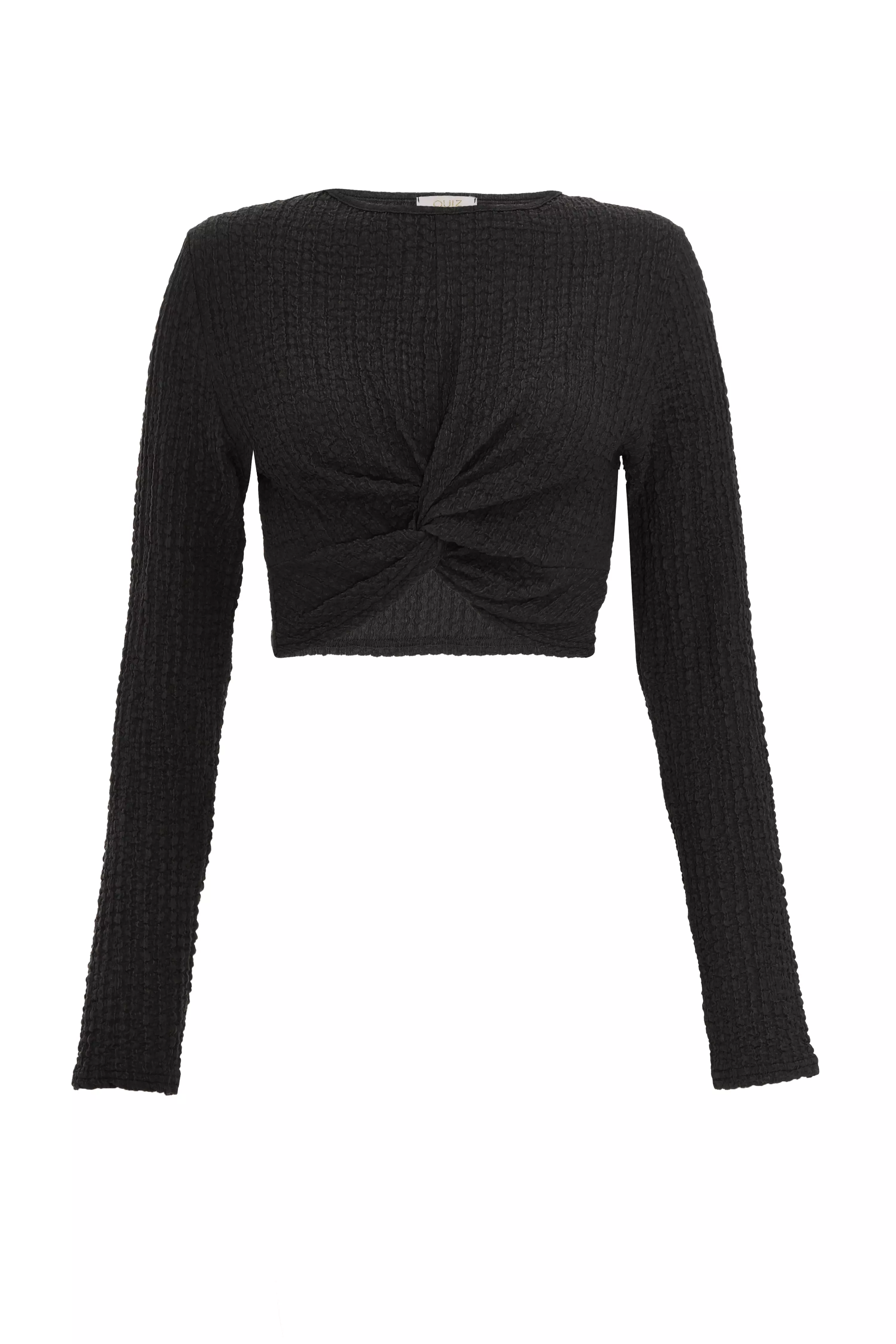 Black Textured Knot Front Crop Top - QUIZ Clothing