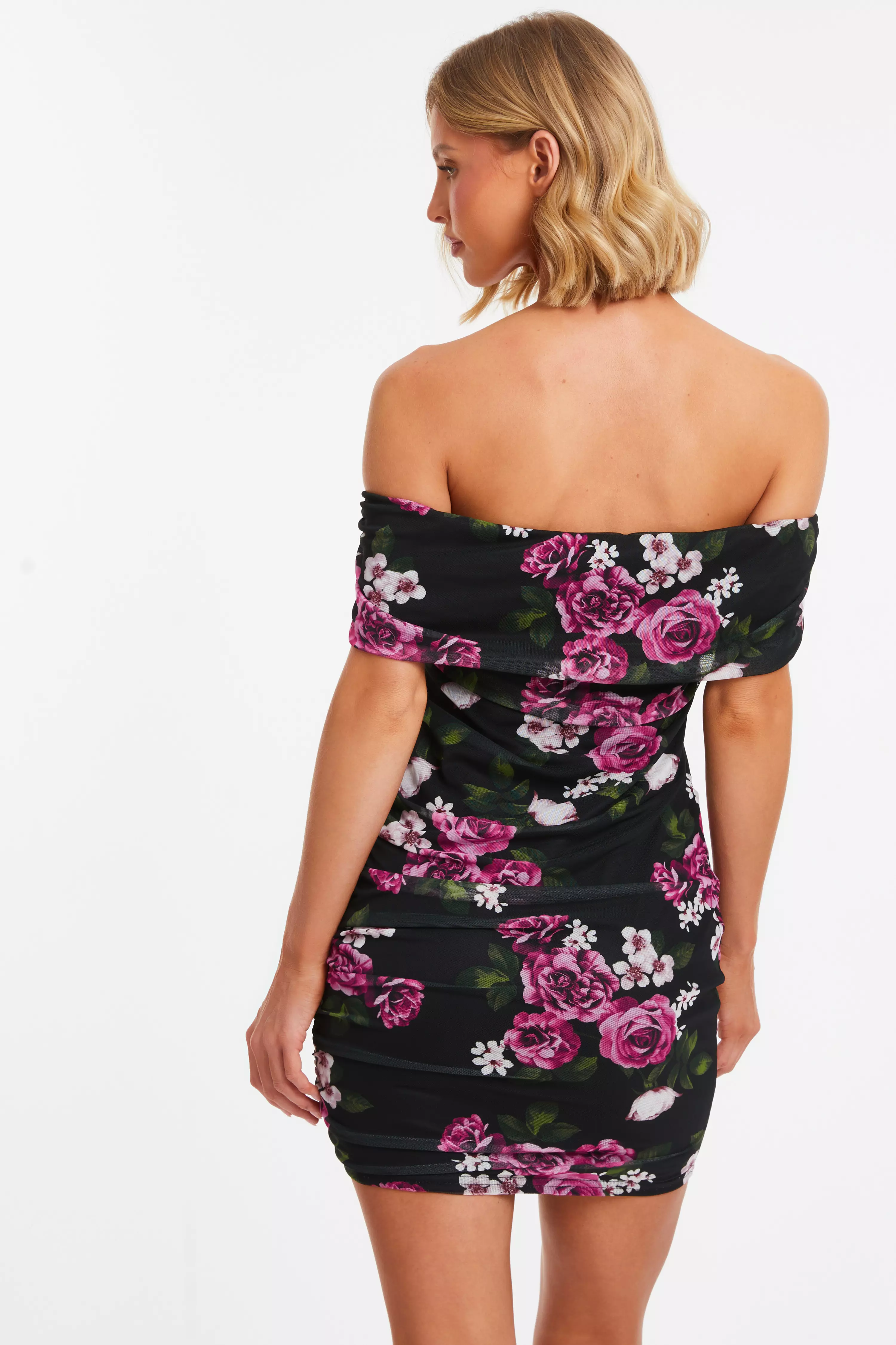 Black Floral Mesh Bardot Mini Dress QUIZ Clothing