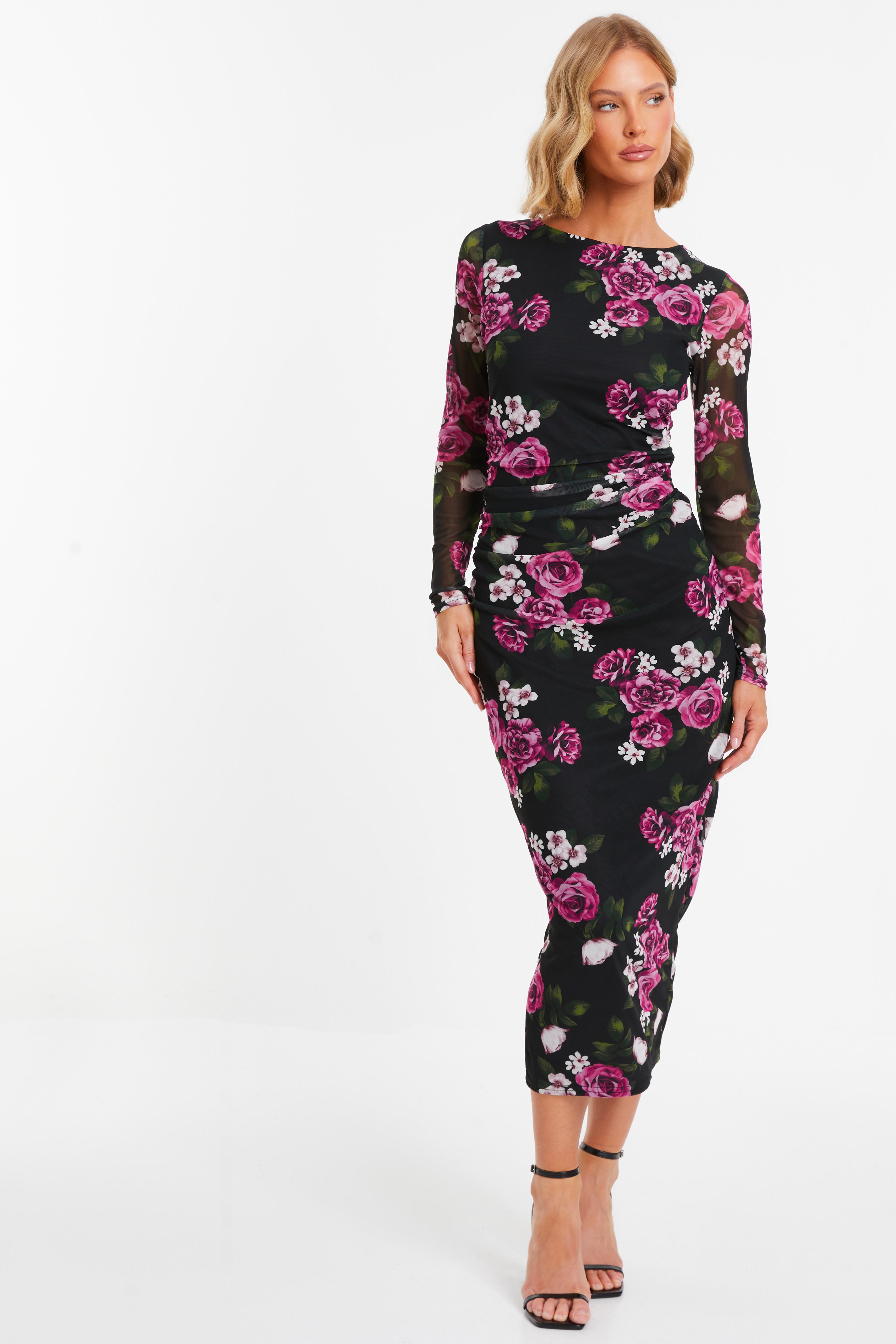 Black Mesh Floral Midi Dress