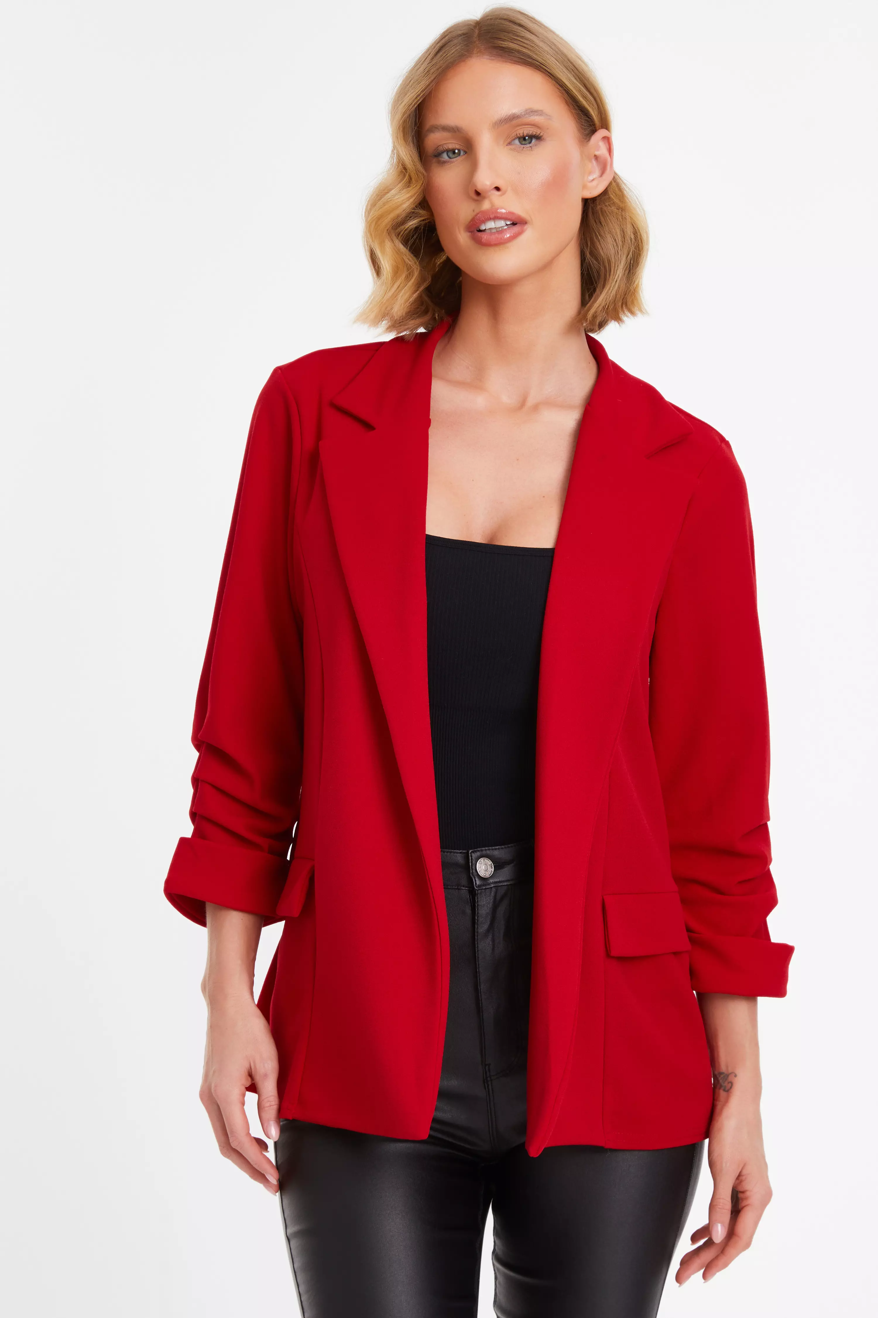 Red Ruched Sleeve Blazer - QUIZ Clothing