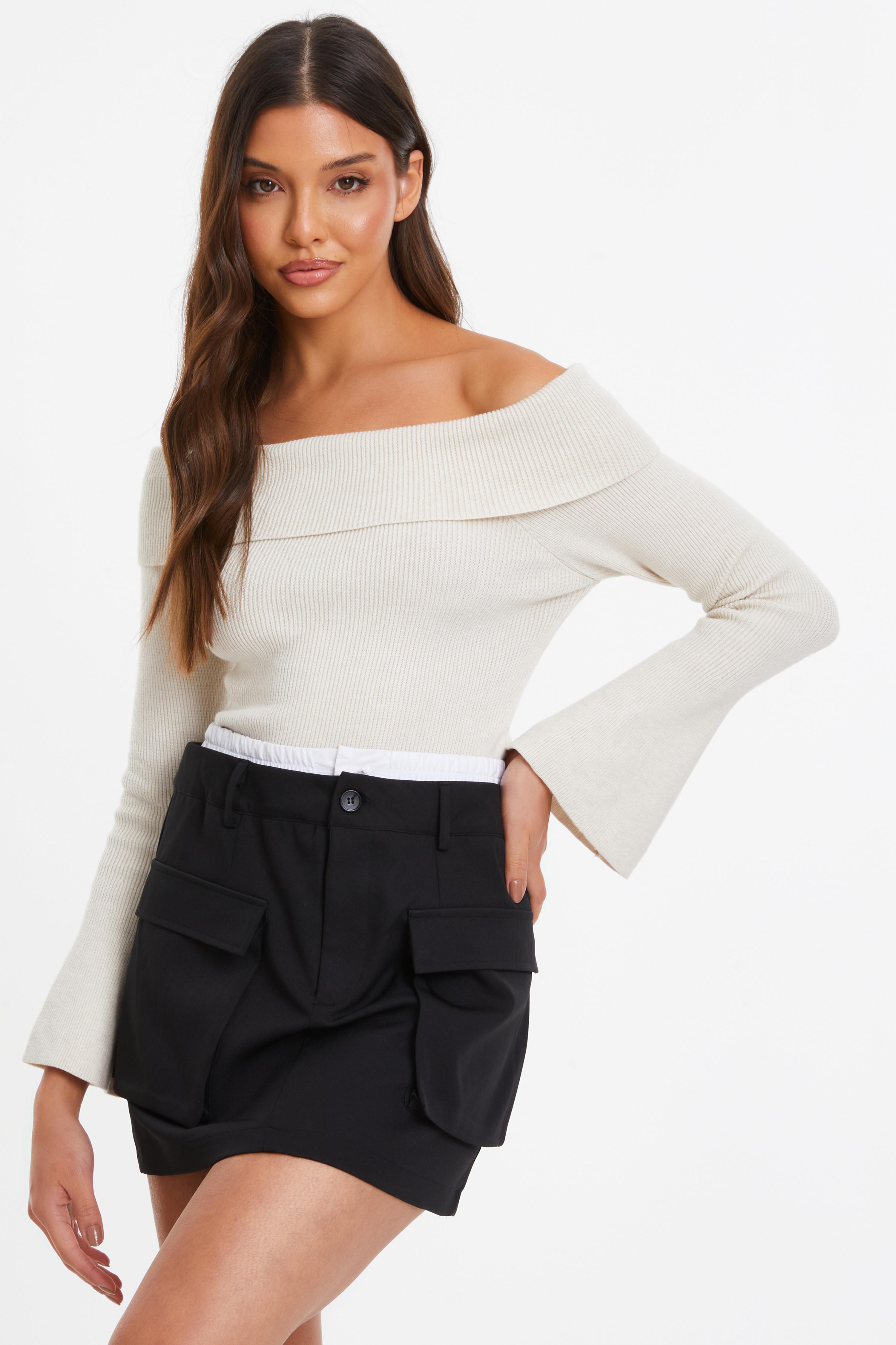 Black Double Waistband Cargo Mini Skirt