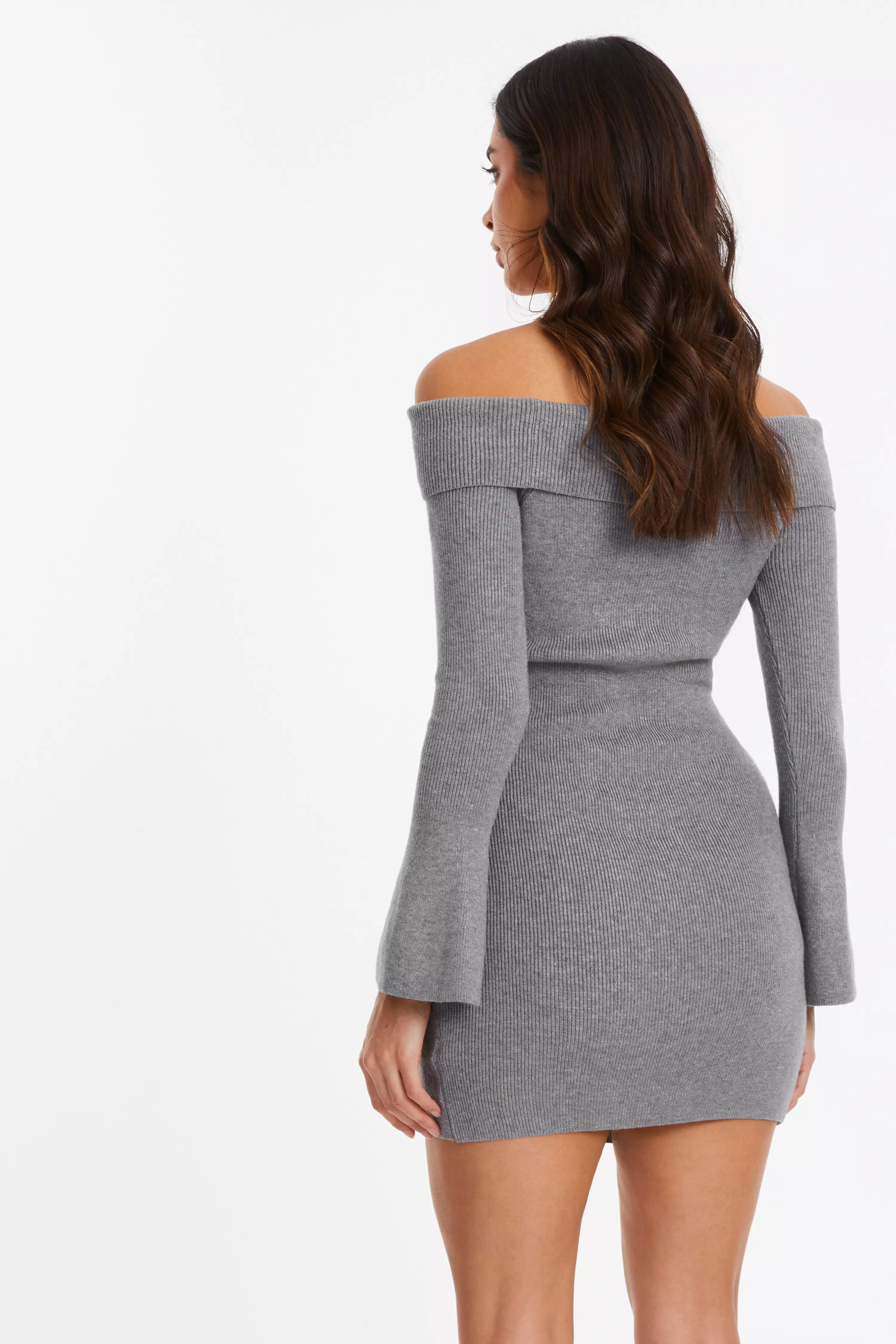 Grey Ribbed Bardot Mini Jumper Dress QUIZ Clothing